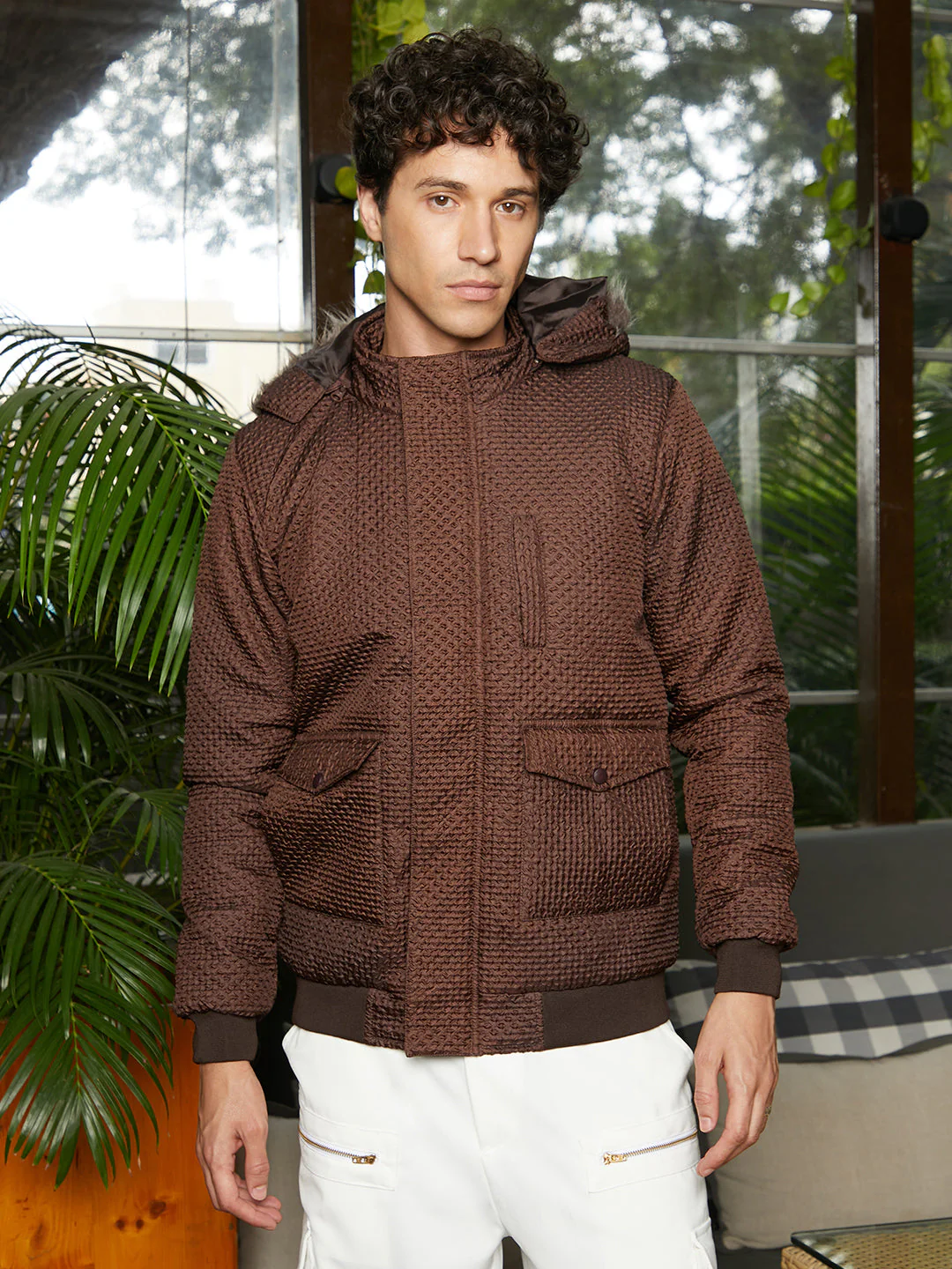 Self-Design Diamond Puffer Jacket With Fleece Hood - Image 2