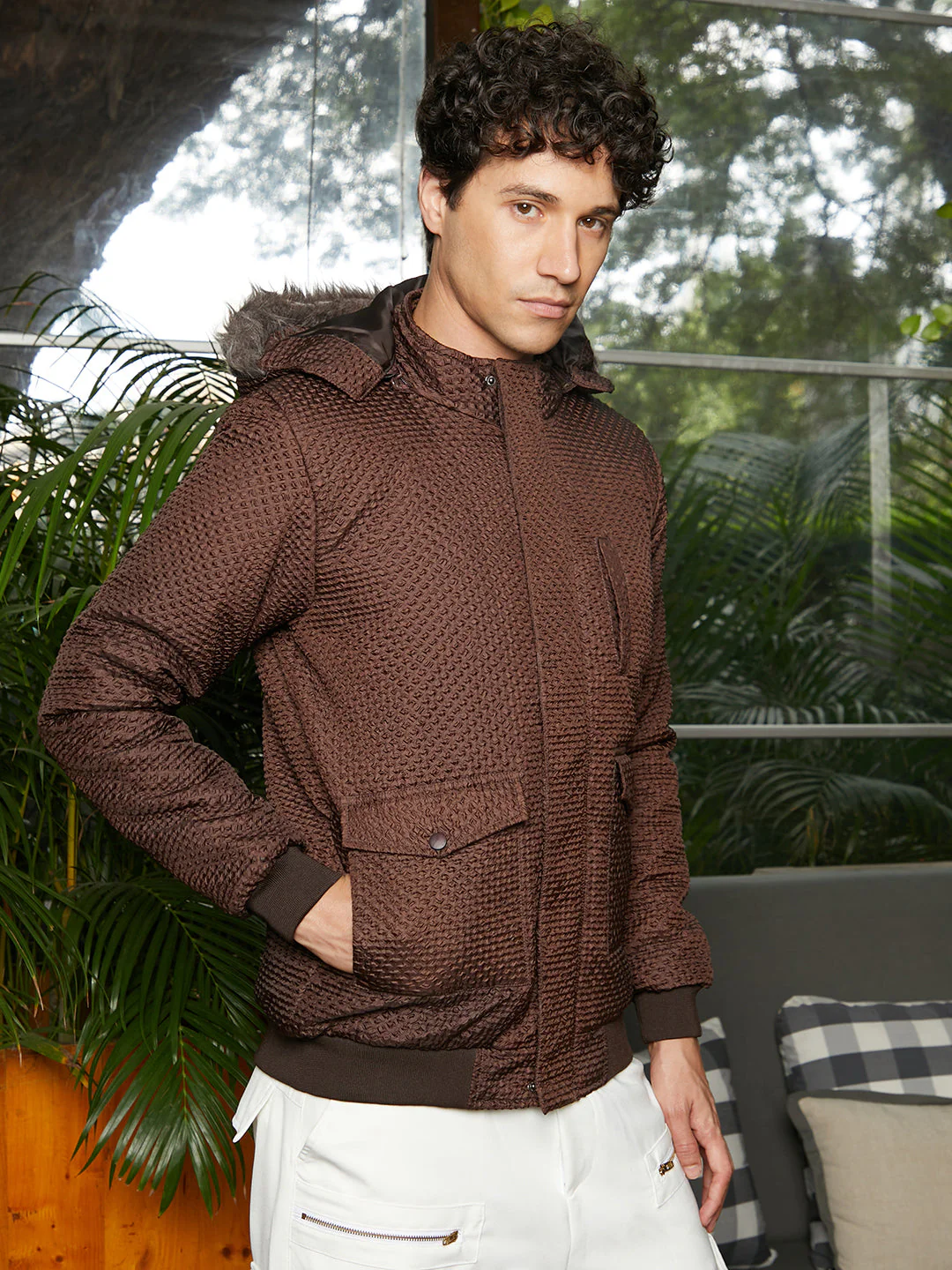 Self-Design Diamond Puffer Jacket With Fleece Hood - Image 3