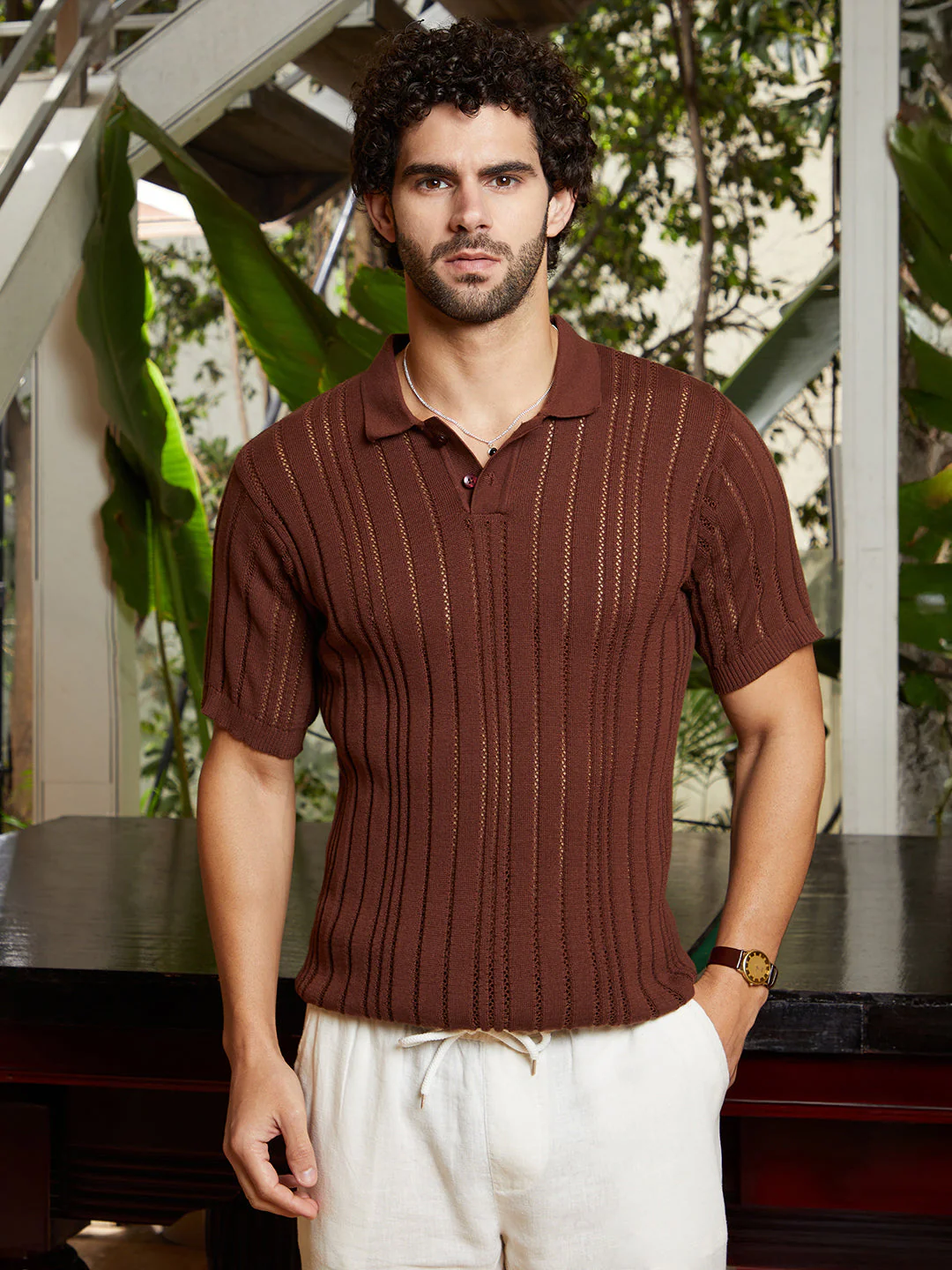Stripe-Textured Polo T-Shirt - Image 2