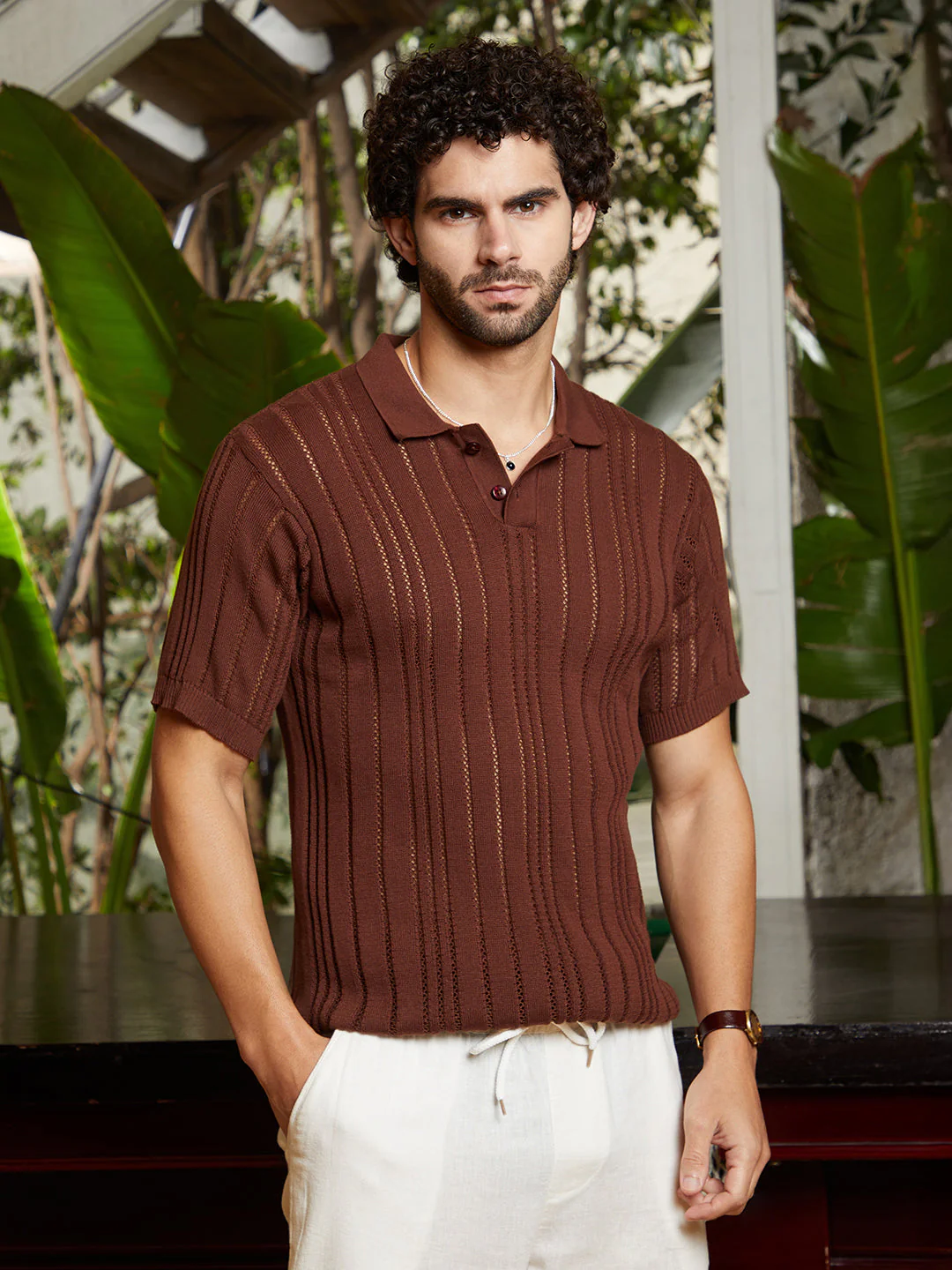 Stripe-Textured Polo T-Shirt - Image 3