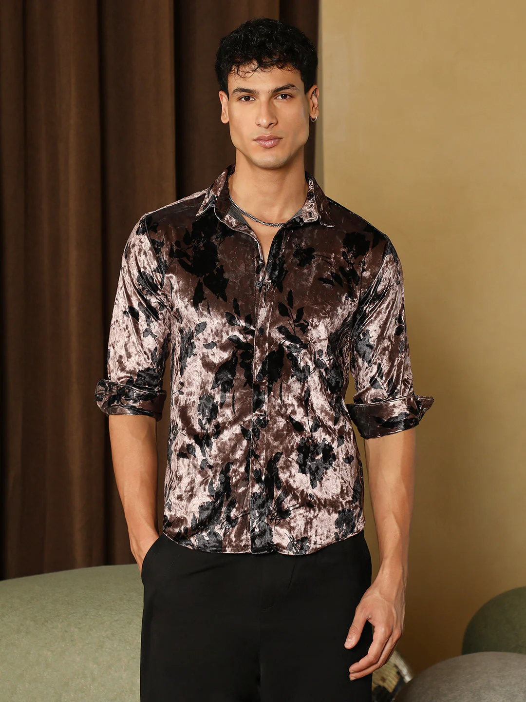Contrast-Botanical Imprint Velvet Shirt - Image 2