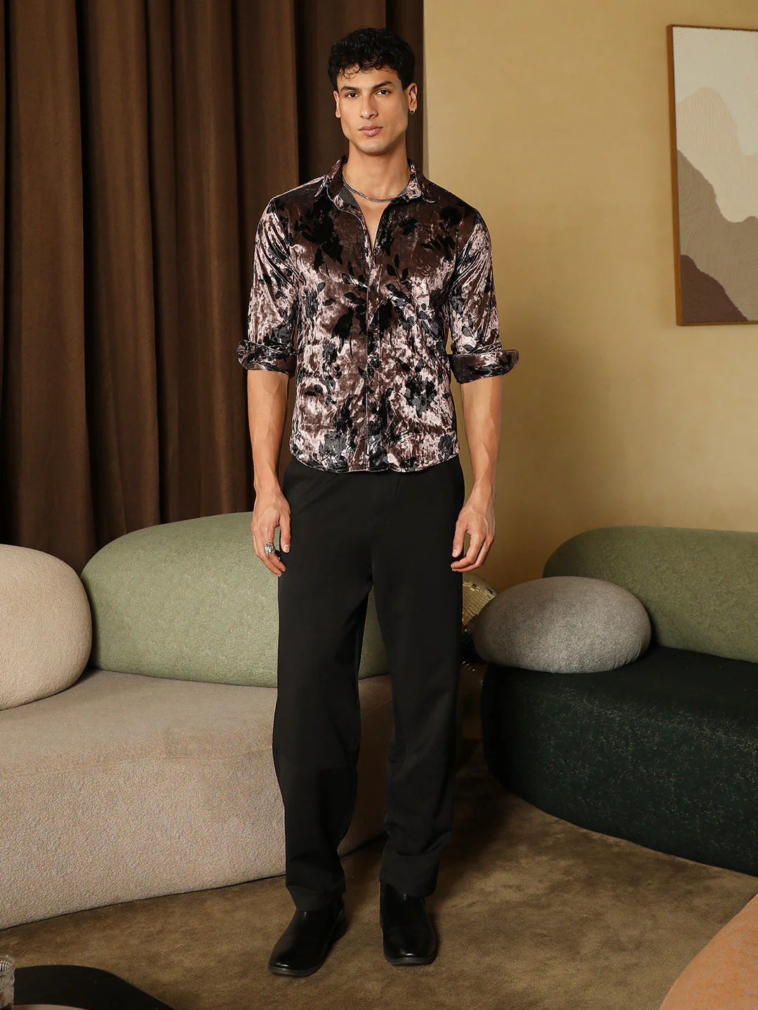 Contrast-Botanical Imprint Velvet Shirt - Image 5