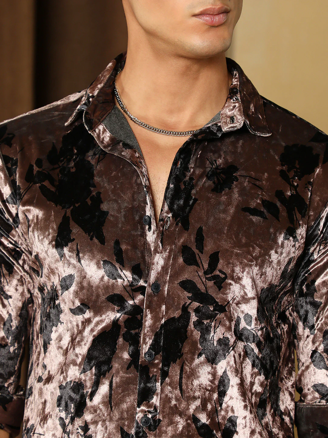 Contrast-Botanical Imprint Velvet Shirt - Image 7