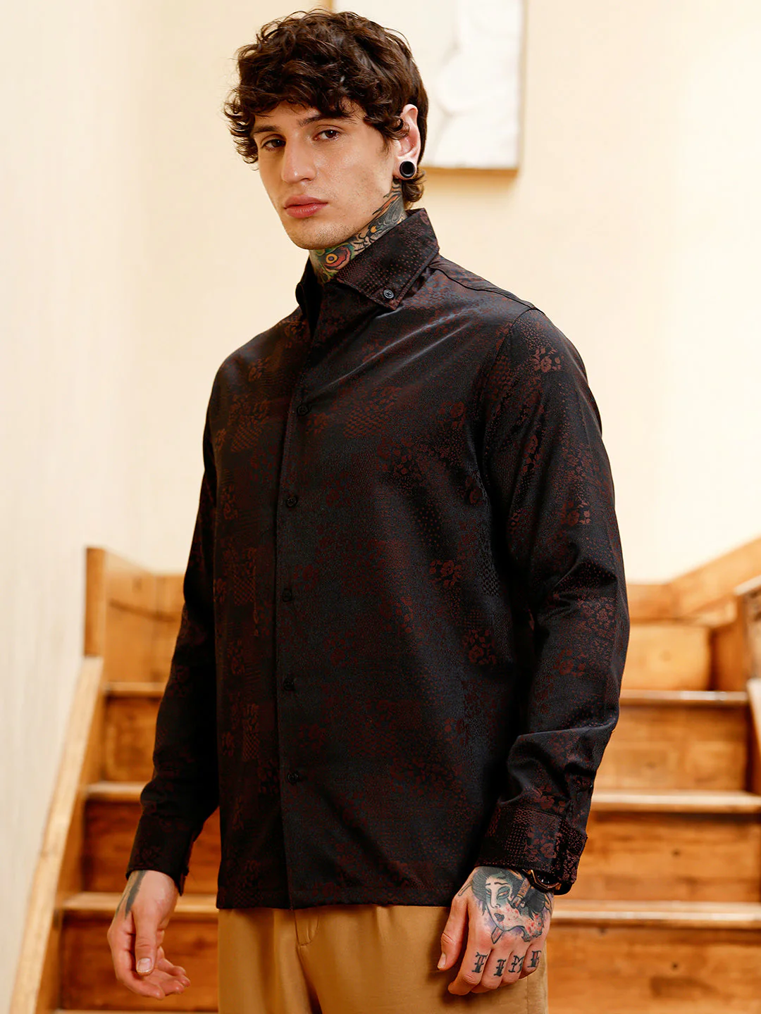Dark-Tone Flora-Block Jacquard Shirt - Image 3