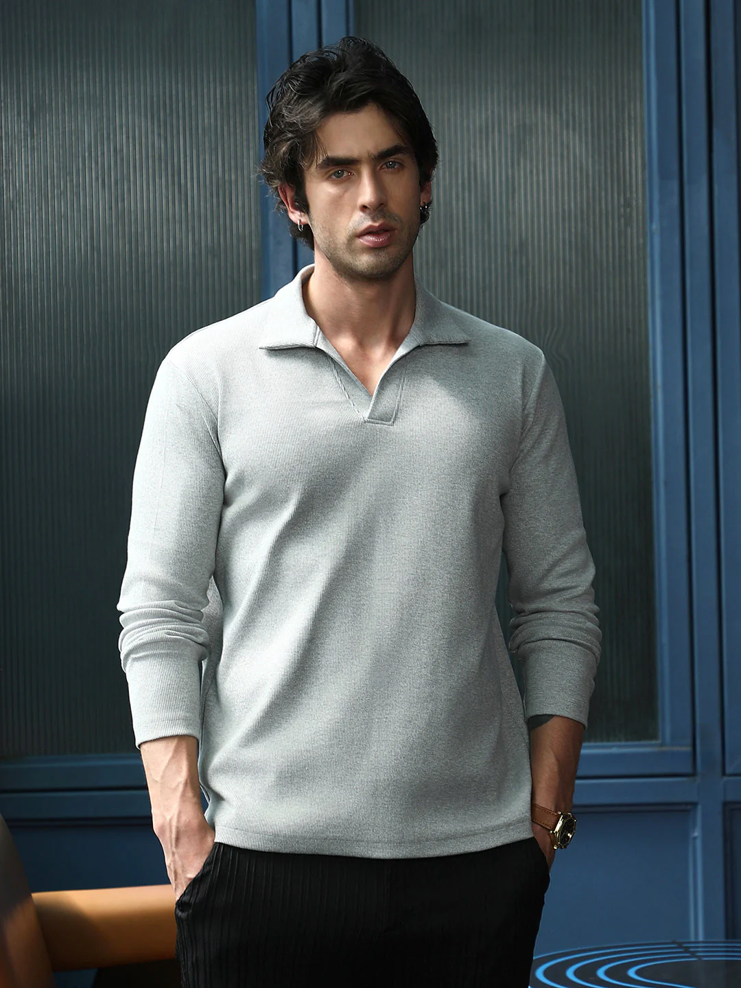Solid Ribbed Polo T-Shirt - Image 2