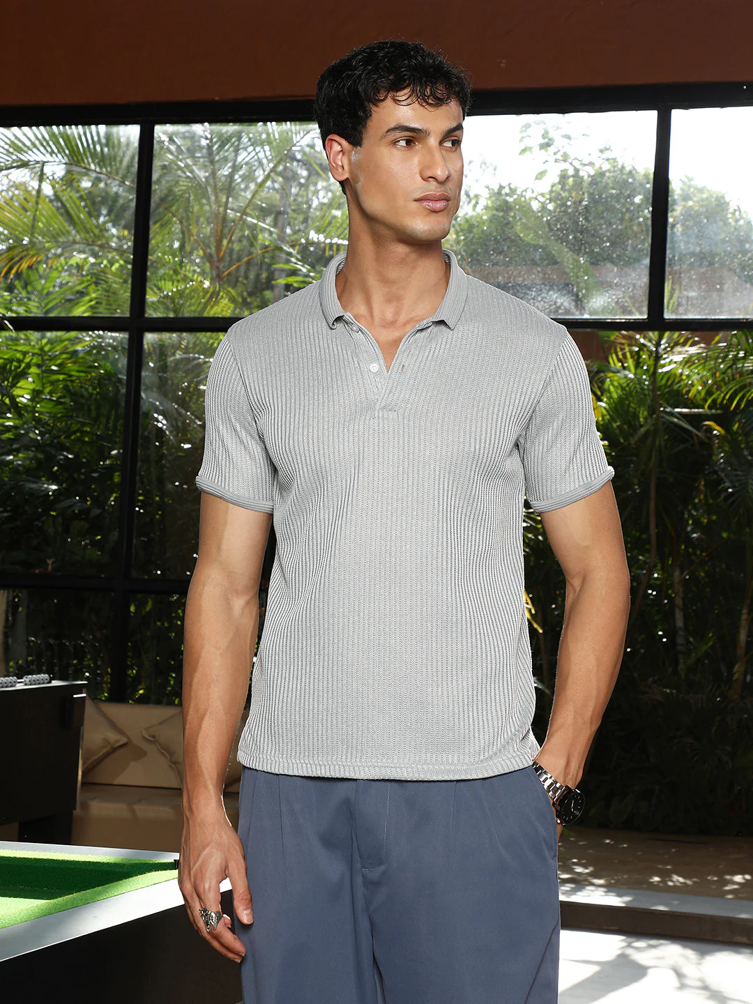Solid Ribbed Polo T-Shirt - Image 2