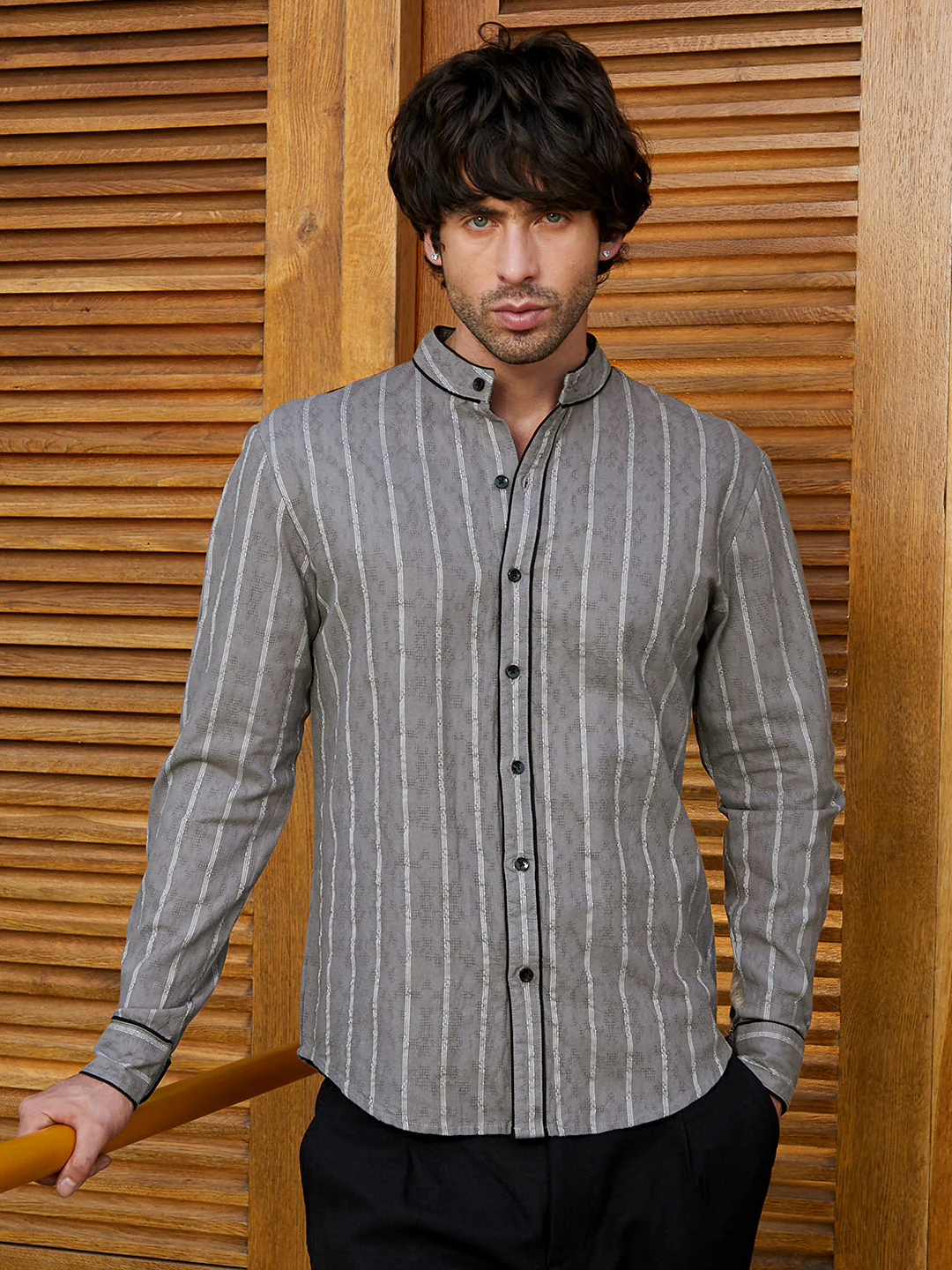 Striped-Jacquard Mandarin Shirt - Image 2