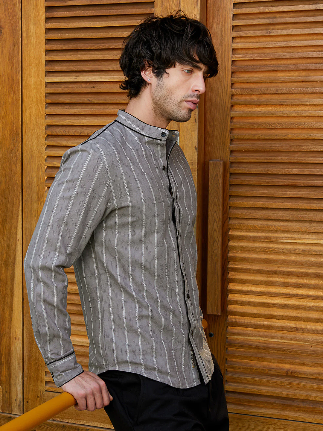 Striped-Jacquard Mandarin Shirt - Image 3