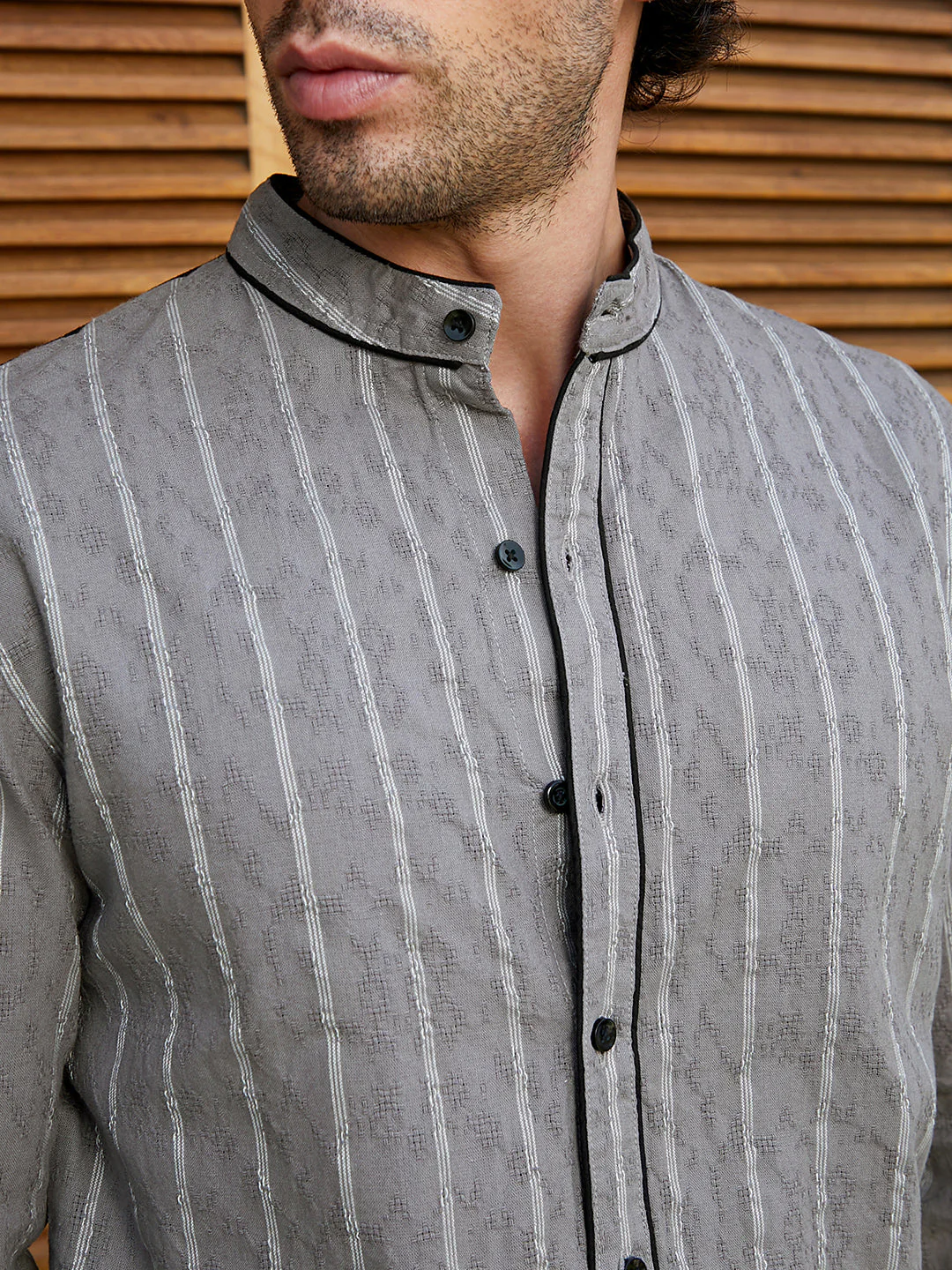 Striped-Jacquard Mandarin Shirt - Image 7