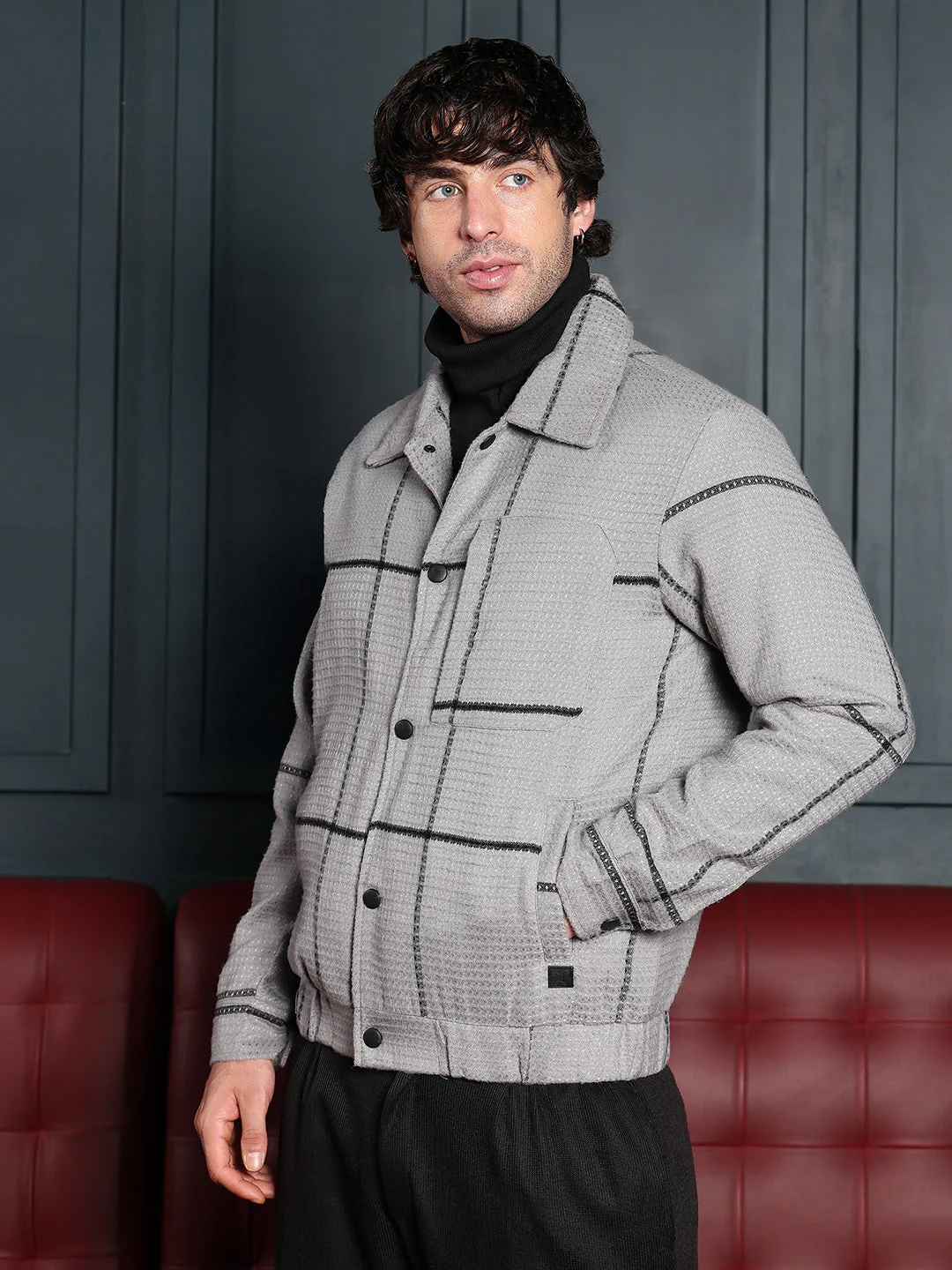Waffle-Grid Utility Bomber Jacket - Image 3