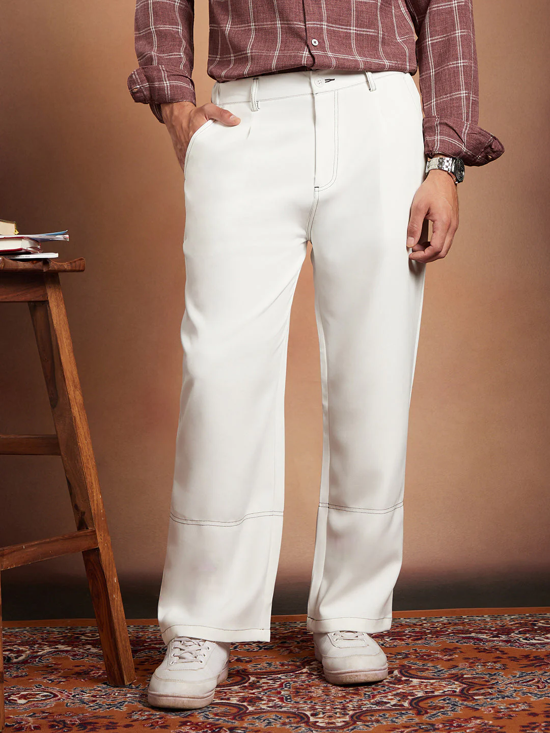 Lightweight - Contrast-Stitch Straight Trousers - Image 2