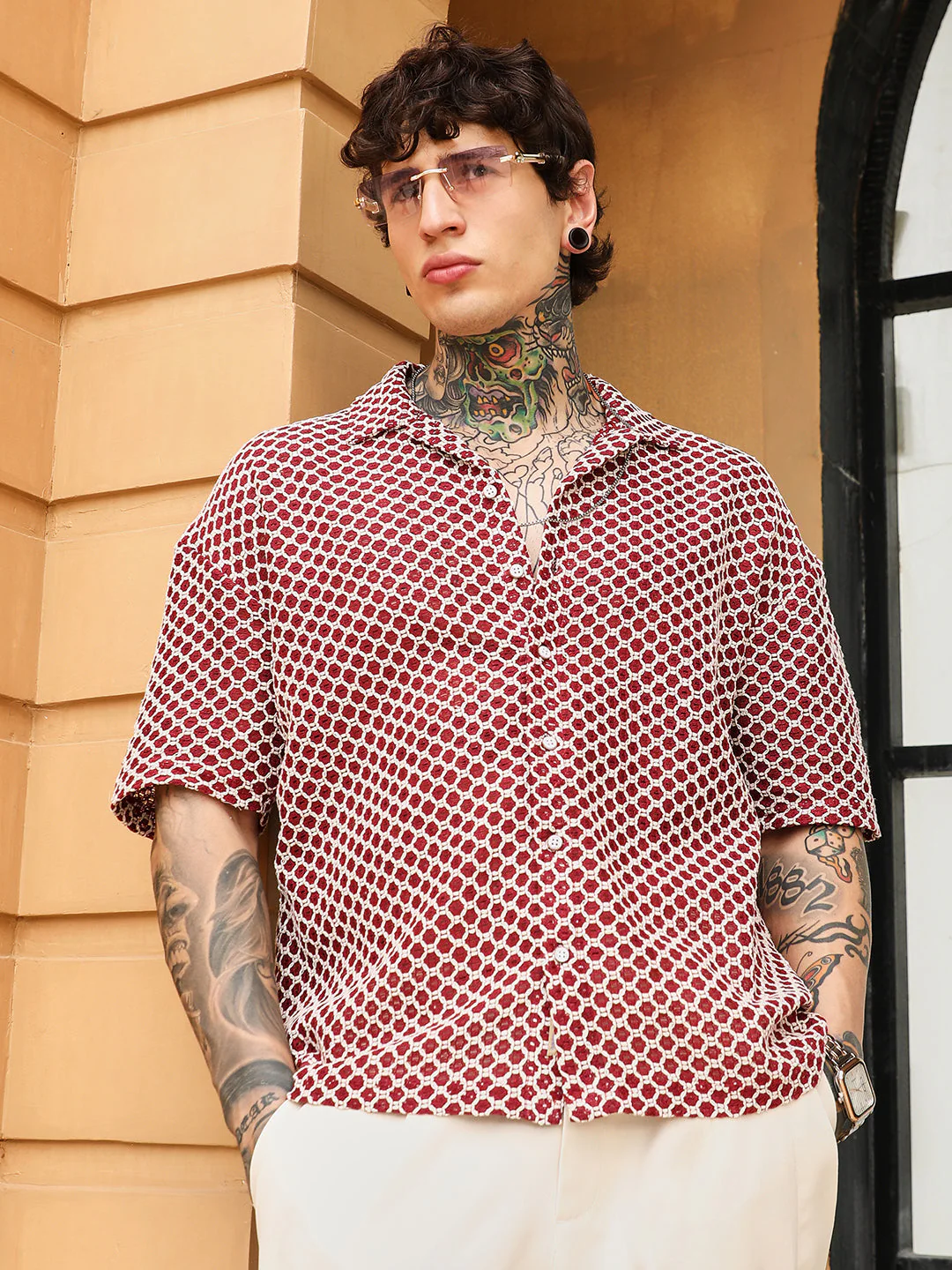 Geometric-Crochet Cuban Oversized Shirt