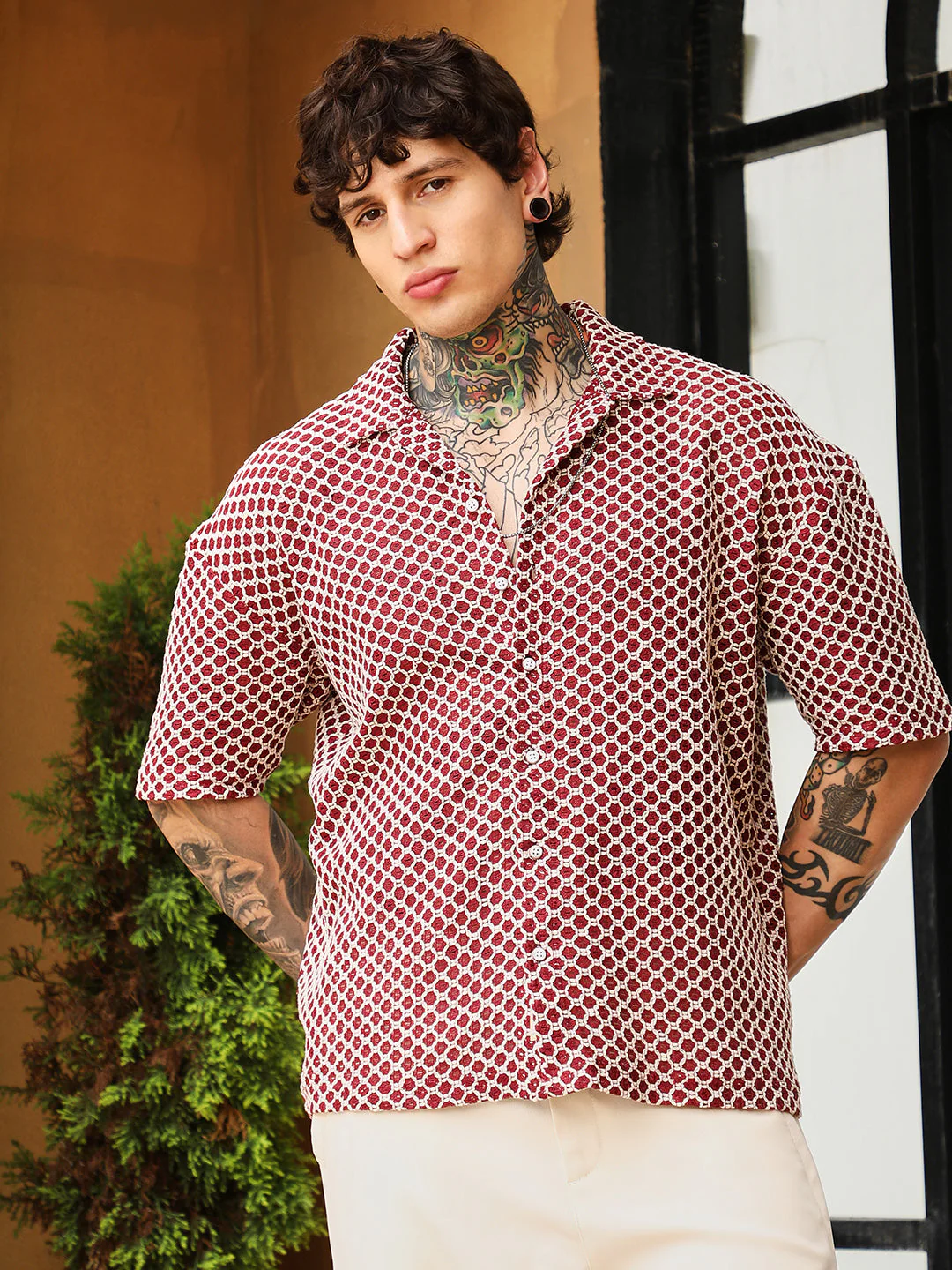 Geometric-Crochet Cuban Oversized Shirt - Image 2