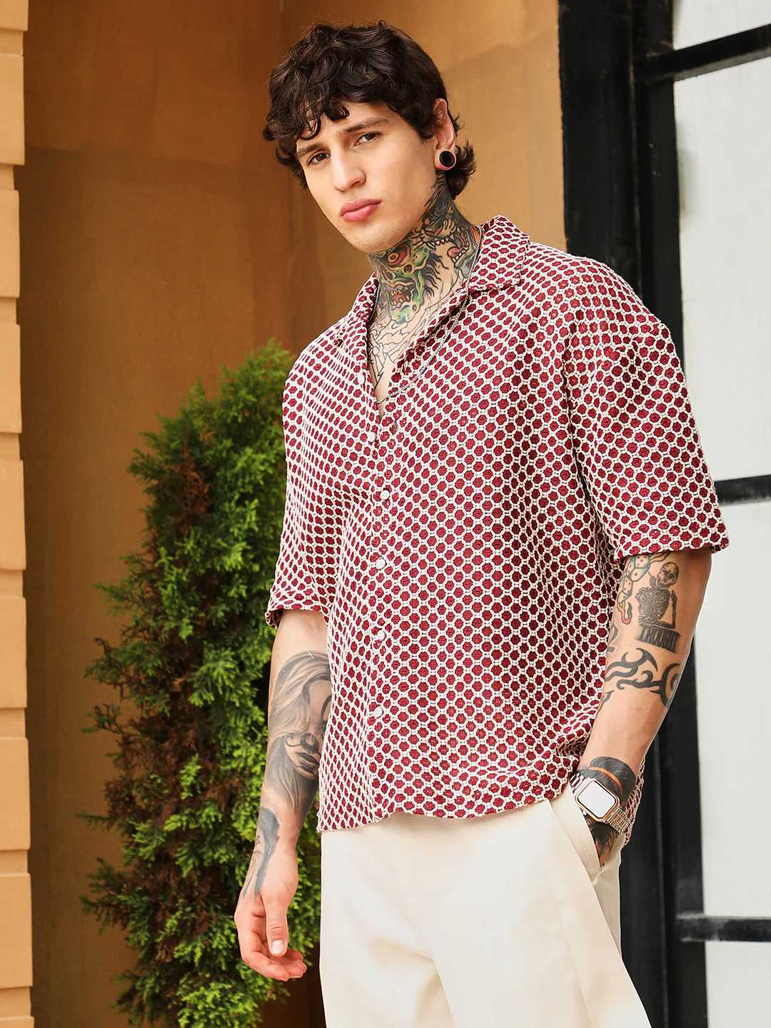 Geometric-Crochet Cuban Oversized Shirt - Image 3