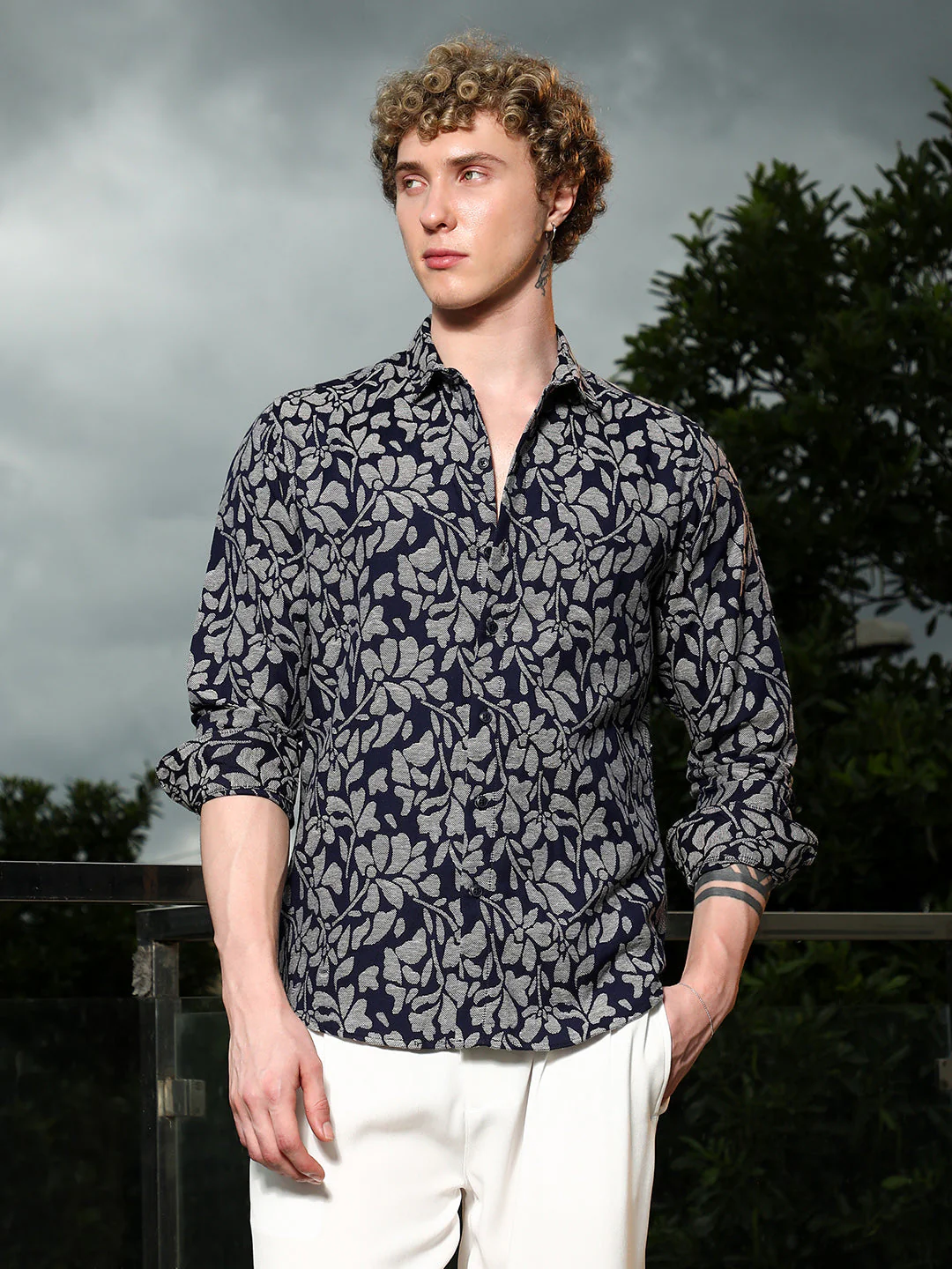 Dark Blue Floral Cotton Poly Casual Shirt - Image 2