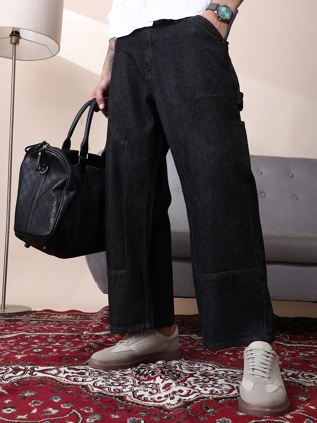 Patched Straight Denim Jeans