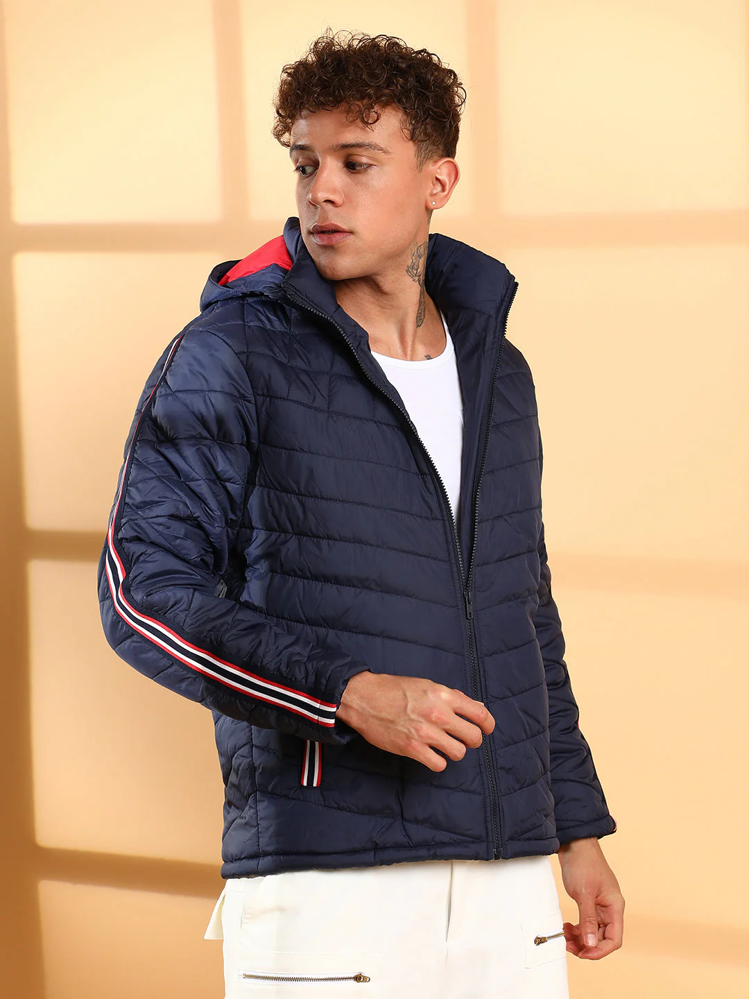 Quilted Puffer Jacket With Contrast Striped Sleeve - Image 3