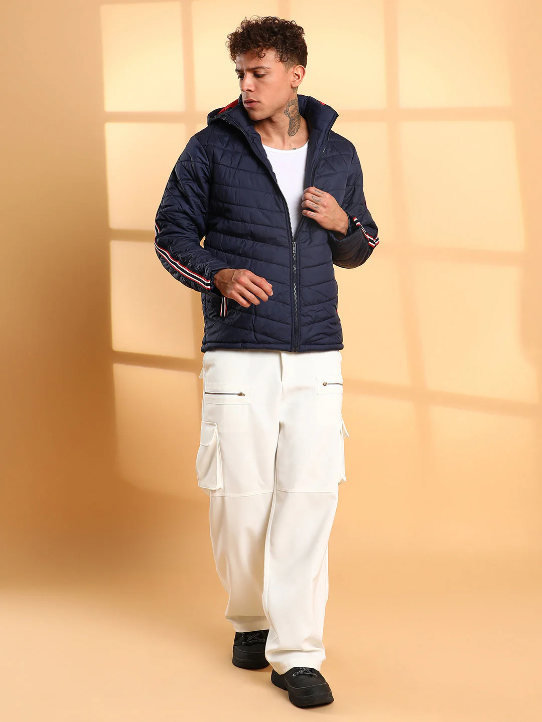Quilted Puffer Jacket With Contrast Striped Sleeve - Image 5