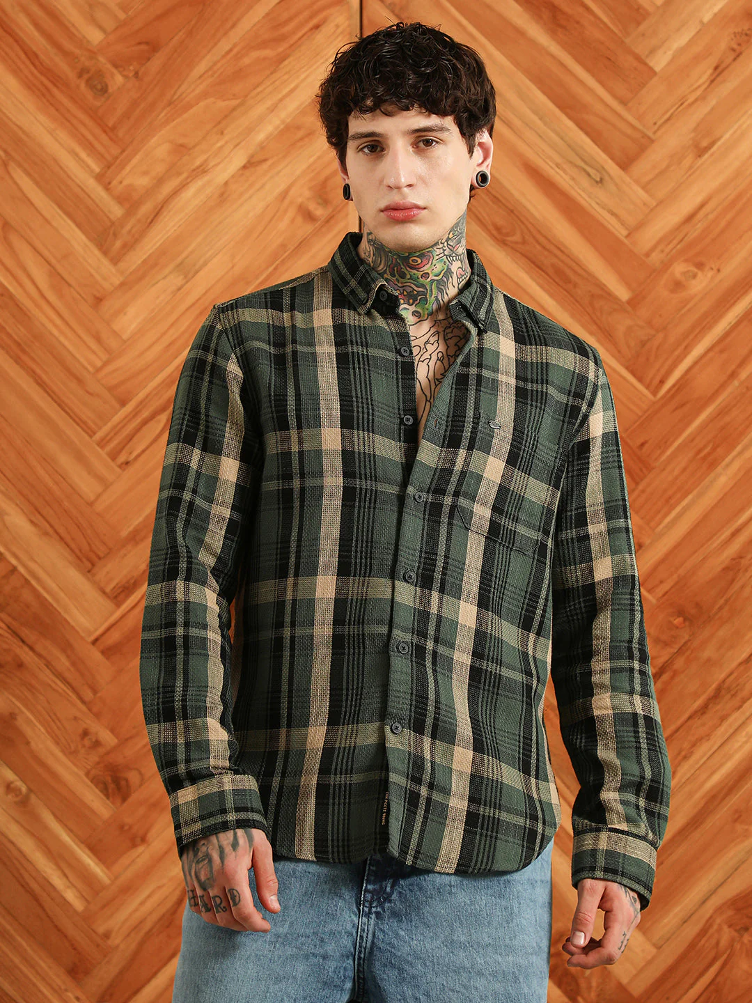Dark Green Plaid Cotton Blend Full Sleeve Shirt - Image 2