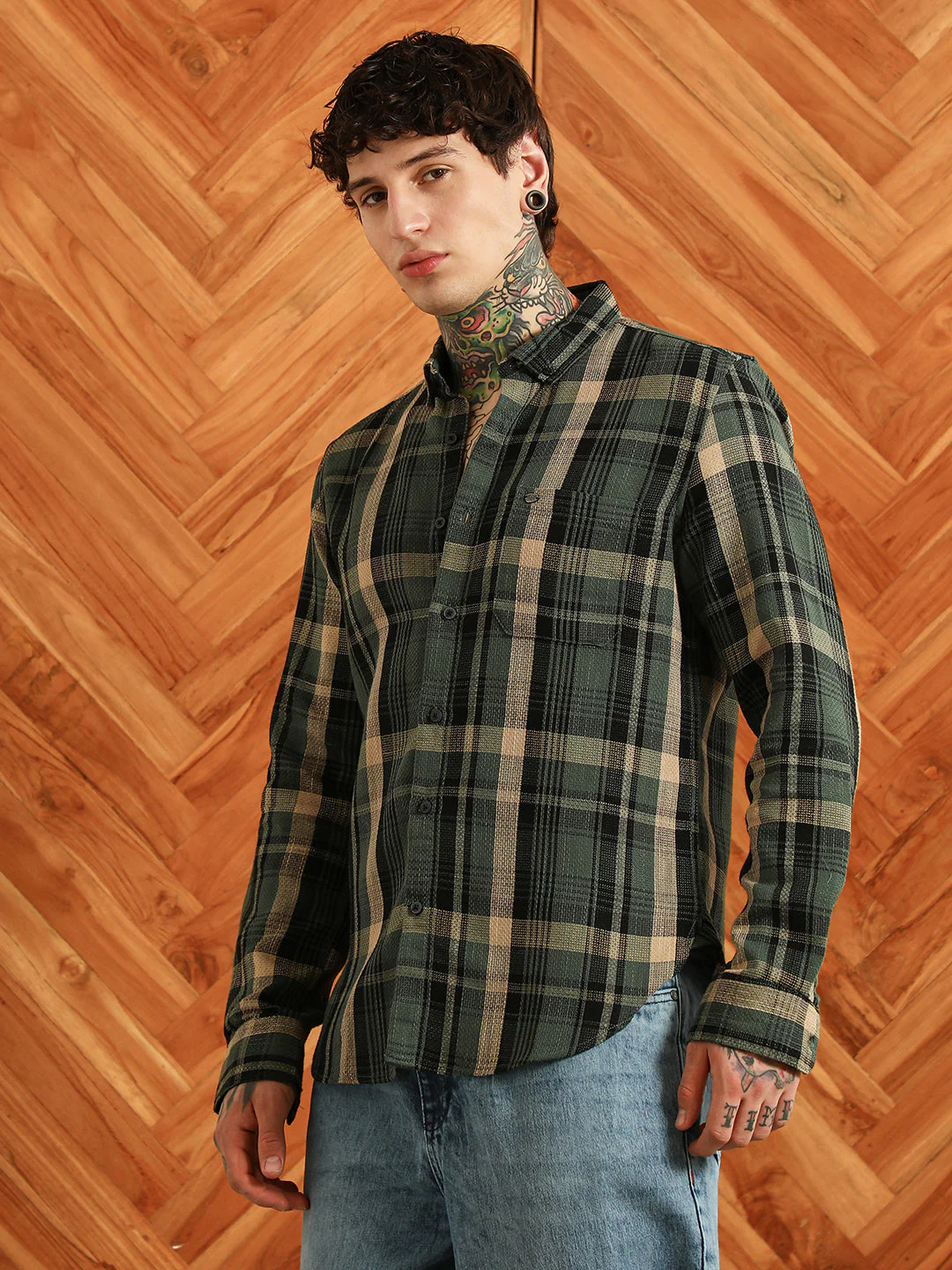 Dark Green Plaid Cotton Blend Full Sleeve Shirt - Image 3
