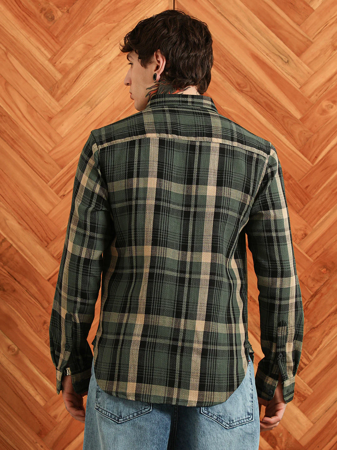 Dark Green Plaid Cotton Blend Full Sleeve Shirt - Image 4