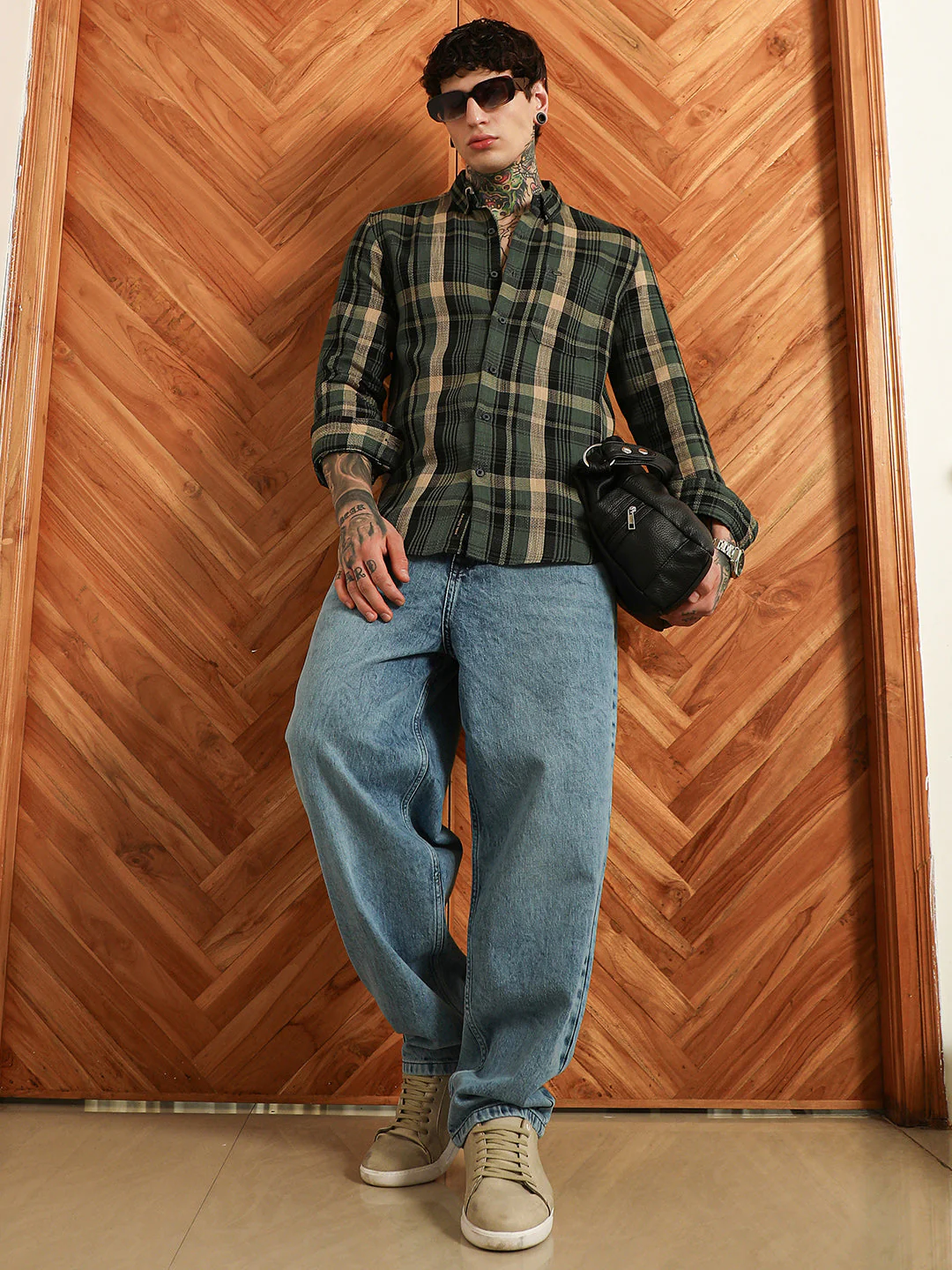 Dark Green Plaid Cotton Blend Full Sleeve Shirt - Image 6