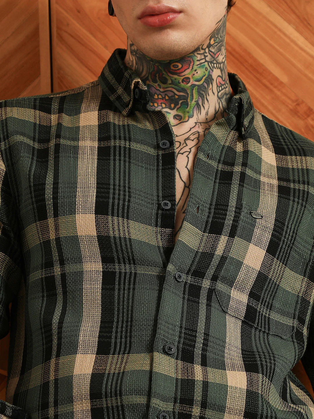 Dark Green Plaid Cotton Blend Full Sleeve Shirt - Image 7