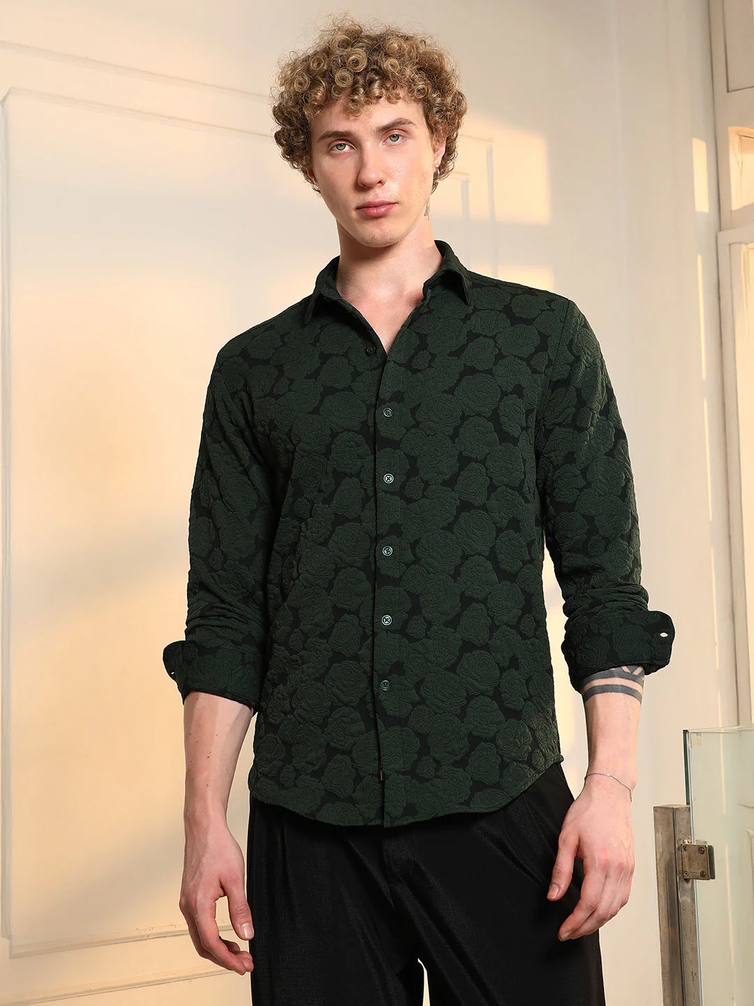 Dark Green Textured Floral Cotton Blend Shirt - Image 2