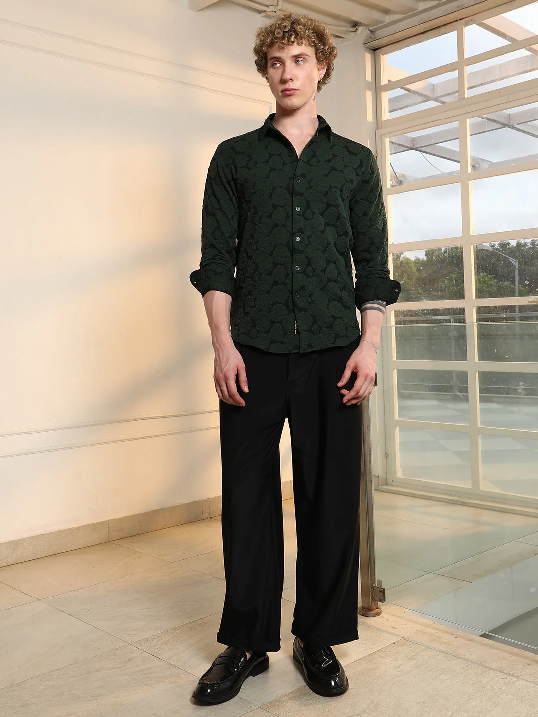 Dark Green Textured Floral Cotton Blend Shirt - Image 5