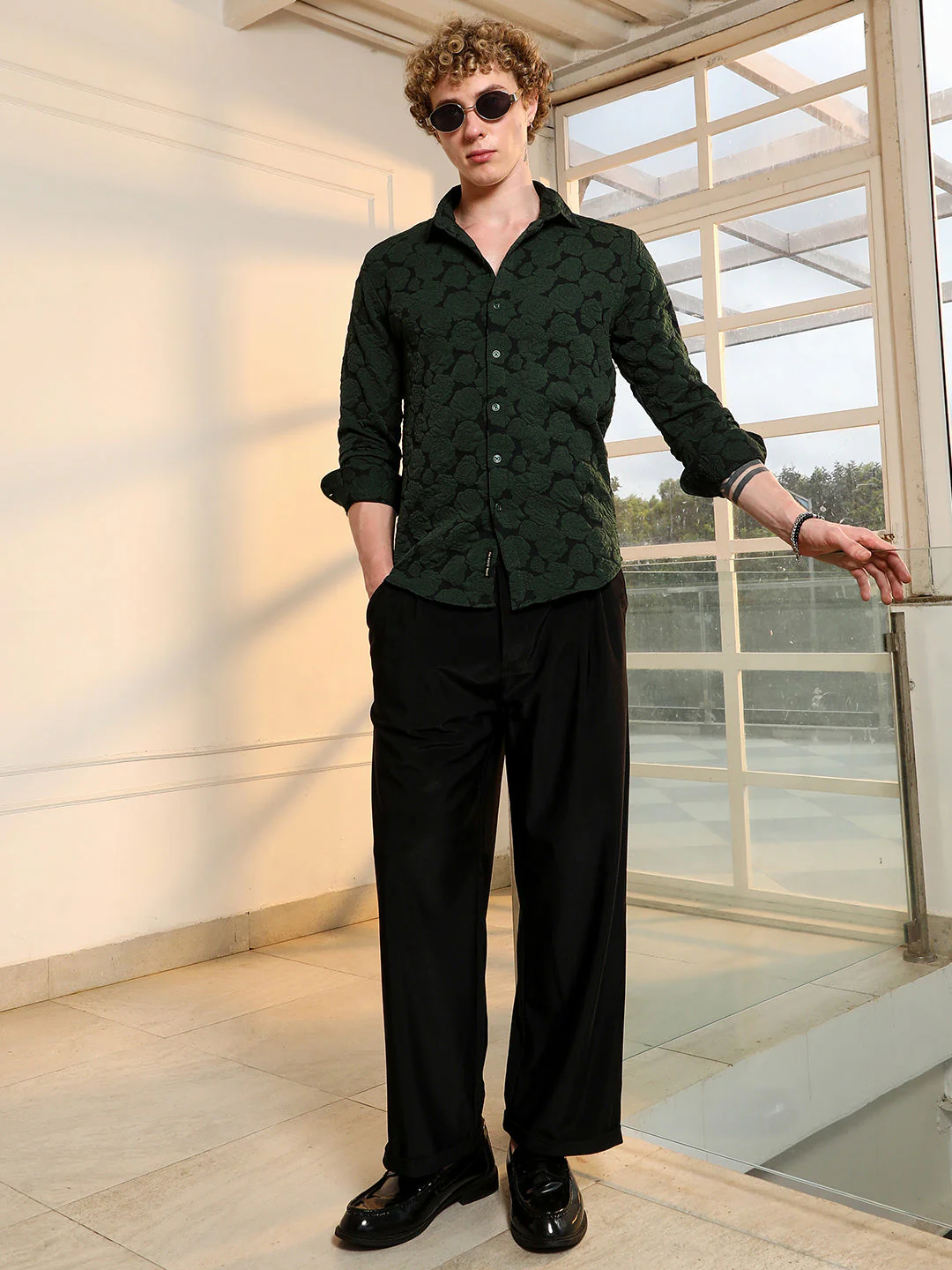 Dark Green Textured Floral Cotton Blend Shirt - Image 6