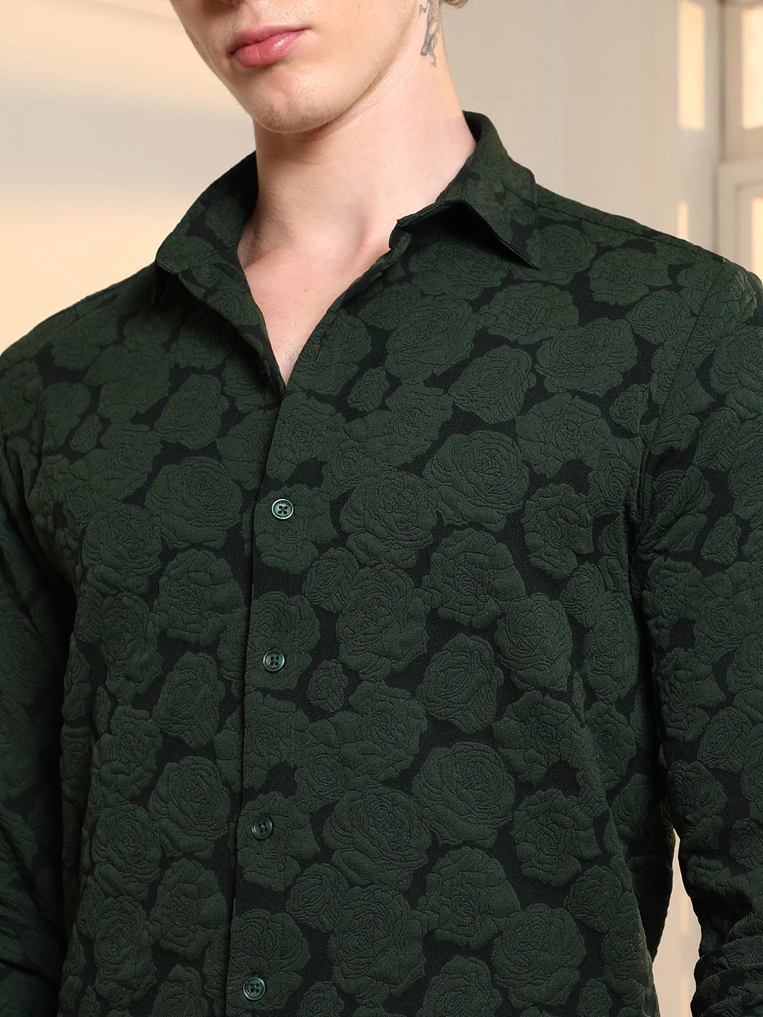 Dark Green Textured Floral Cotton Blend Shirt - Image 7