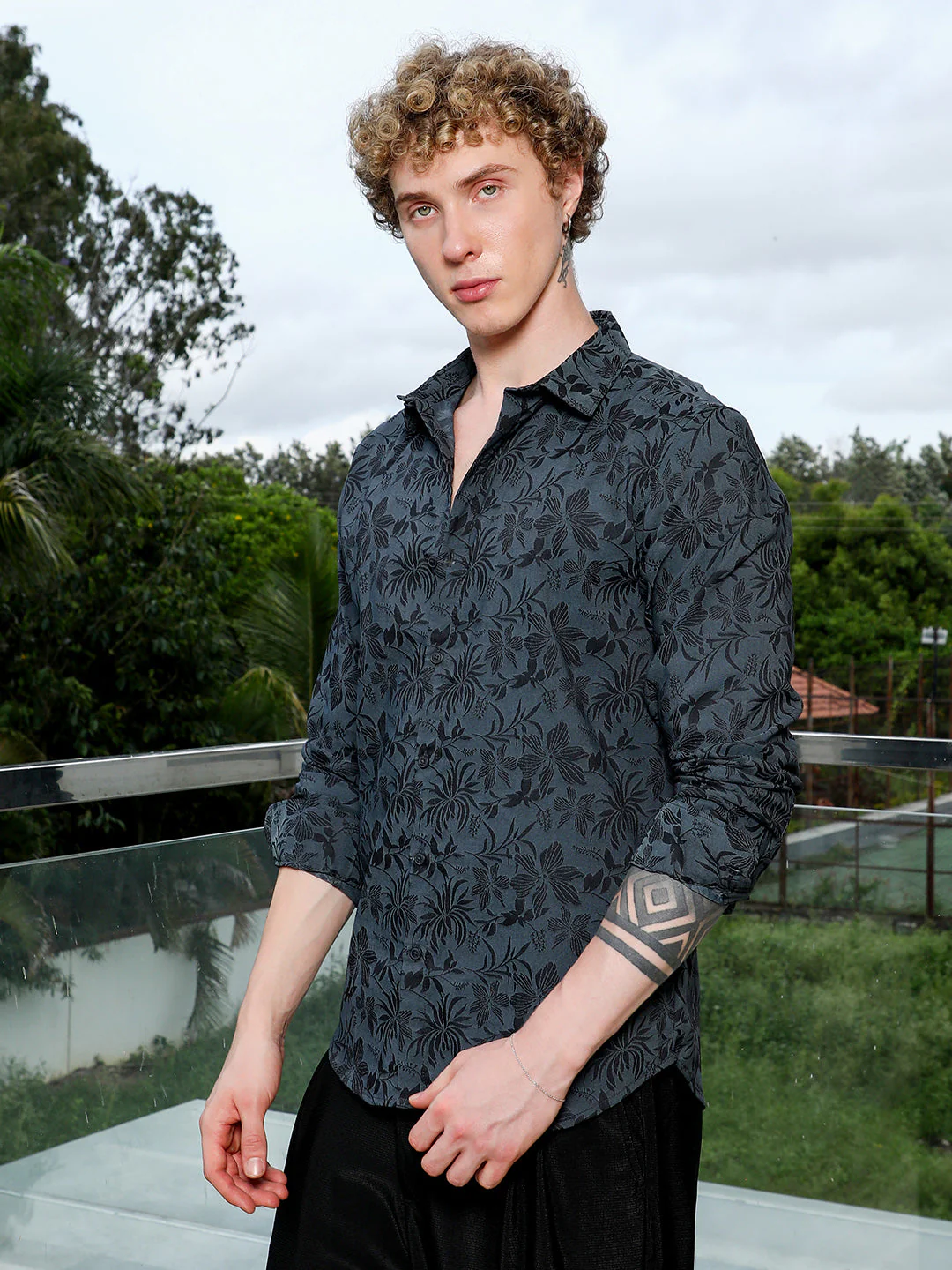 Dark Grey Floral Pattern Slim Fit Shirt - Image 3