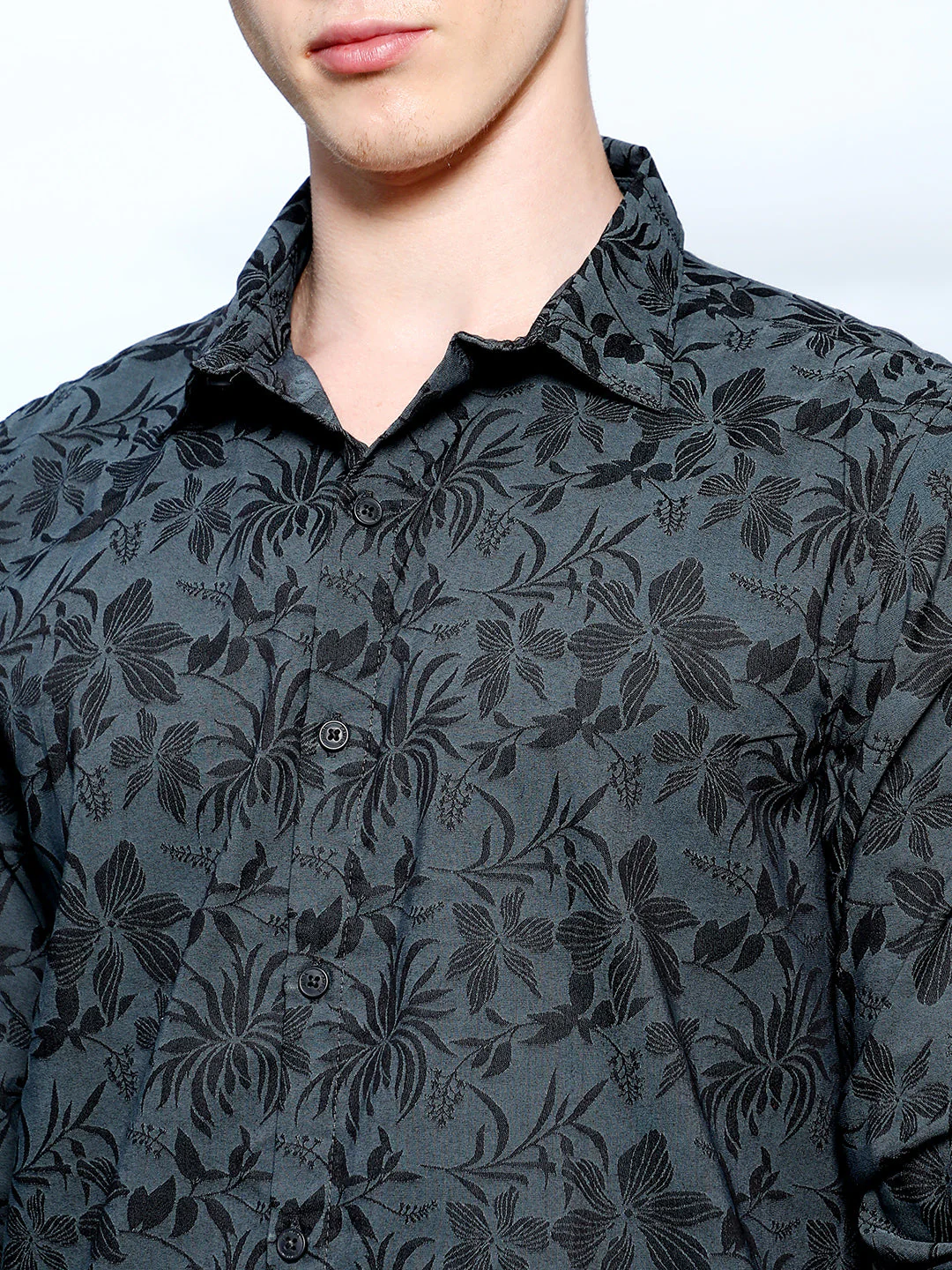 Dark Grey Floral Pattern Slim Fit Shirt - Image 7