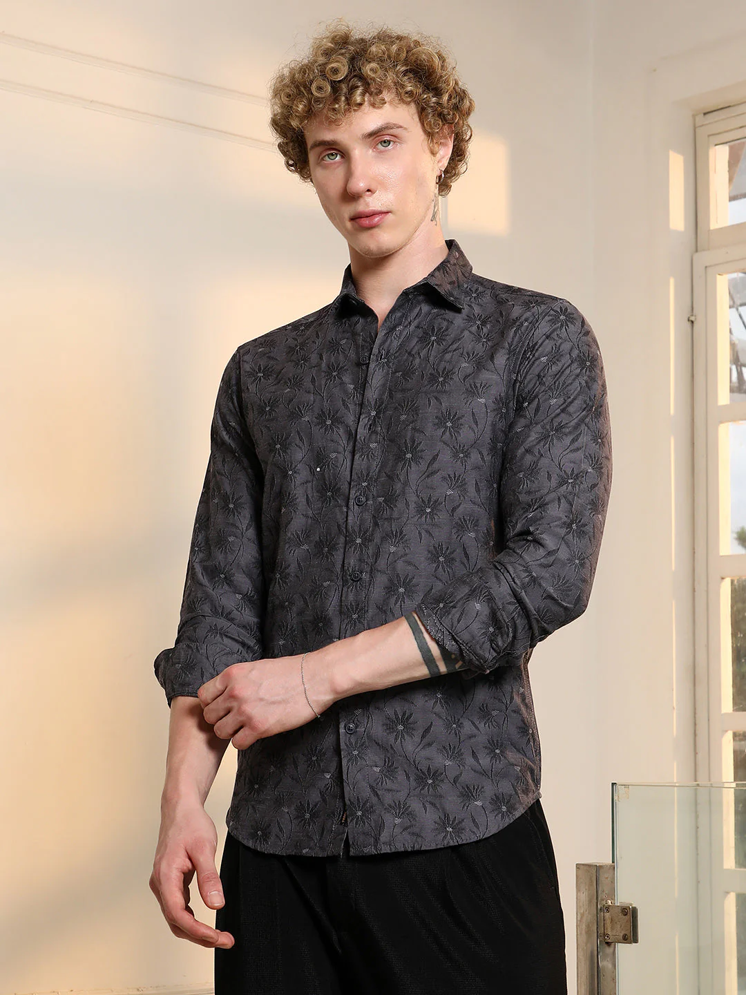 Dark Grey Floral Self Design Slim Fit Shirt - Image 3