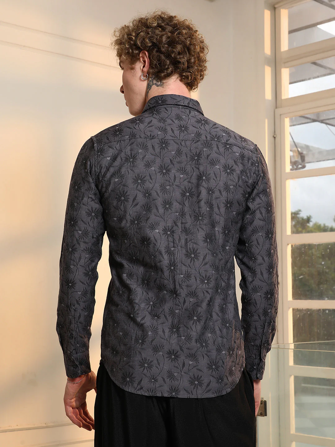 Dark Grey Floral Self Design Slim Fit Shirt - Image 4