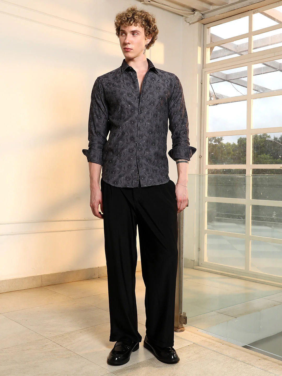 Dark Grey Floral Self Design Slim Fit Shirt - Image 5