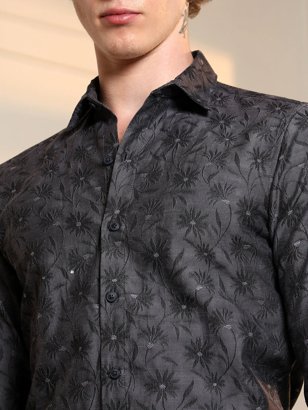 Dark Grey Floral Self Design Slim Fit Shirt - Image 7