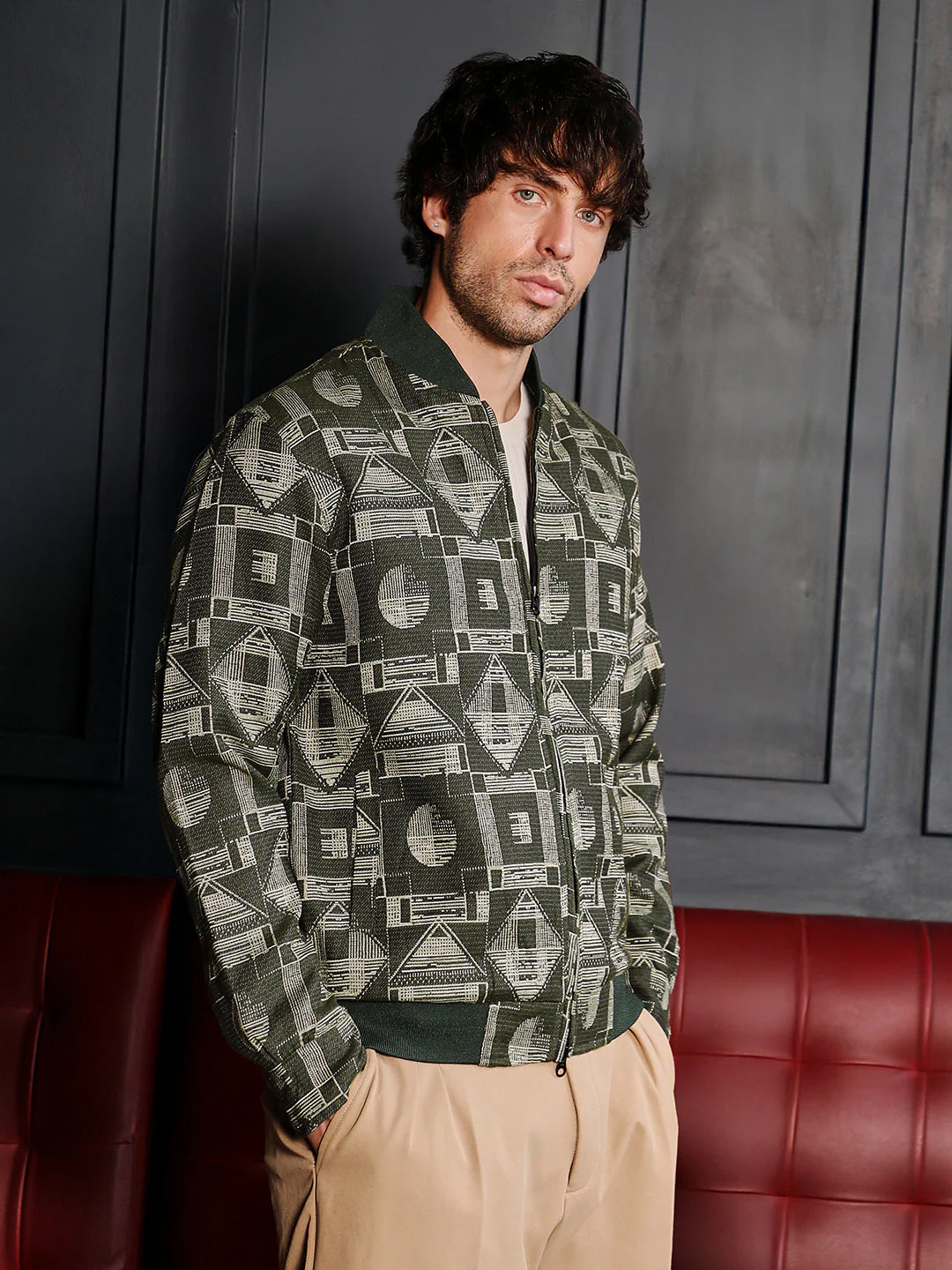 Geometric-Jacquard Bomber Jacket - Image 3