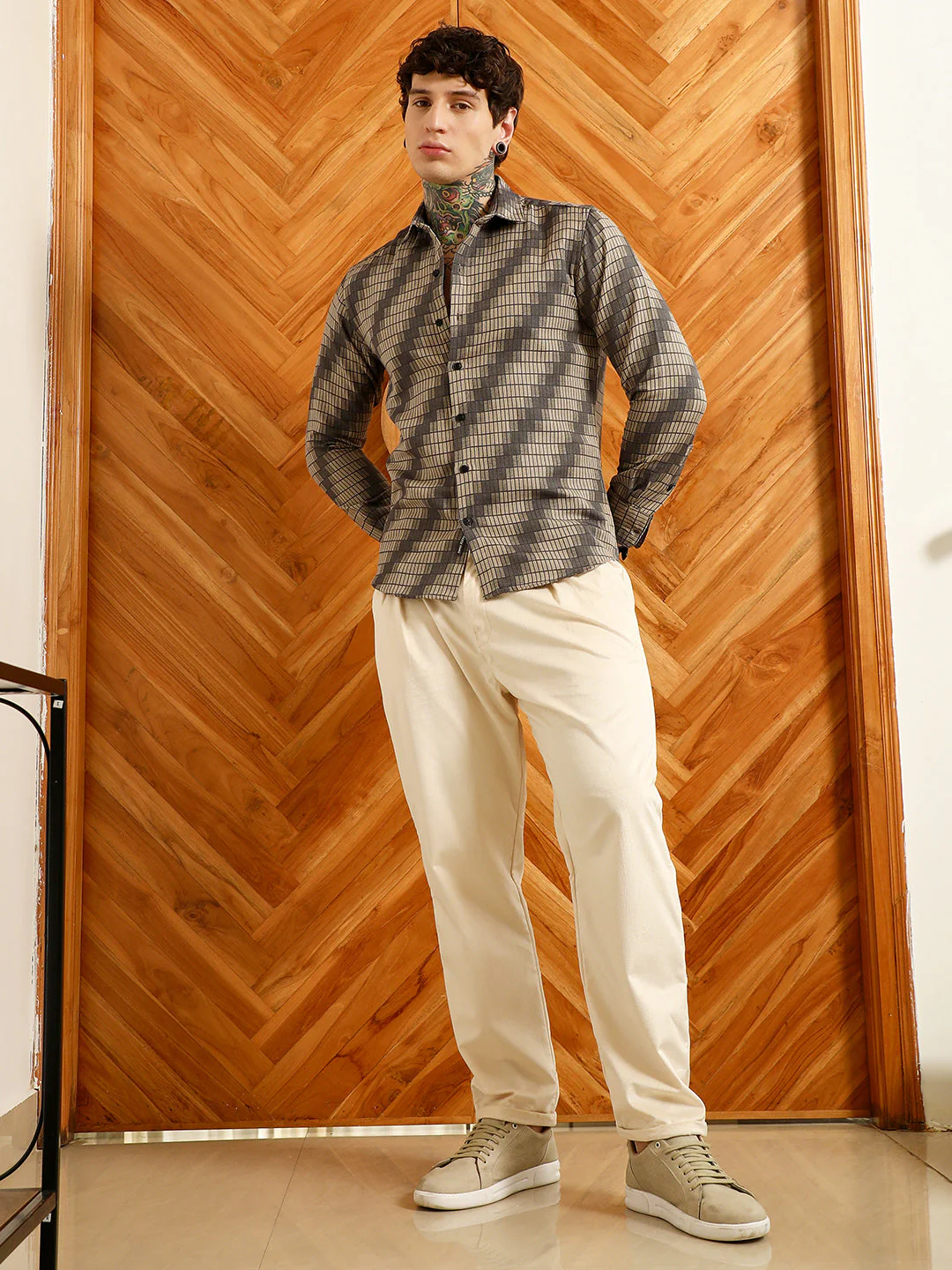 Diagonal Check Slim Fit Shirt - Cotton Polyester Blend - Image 5