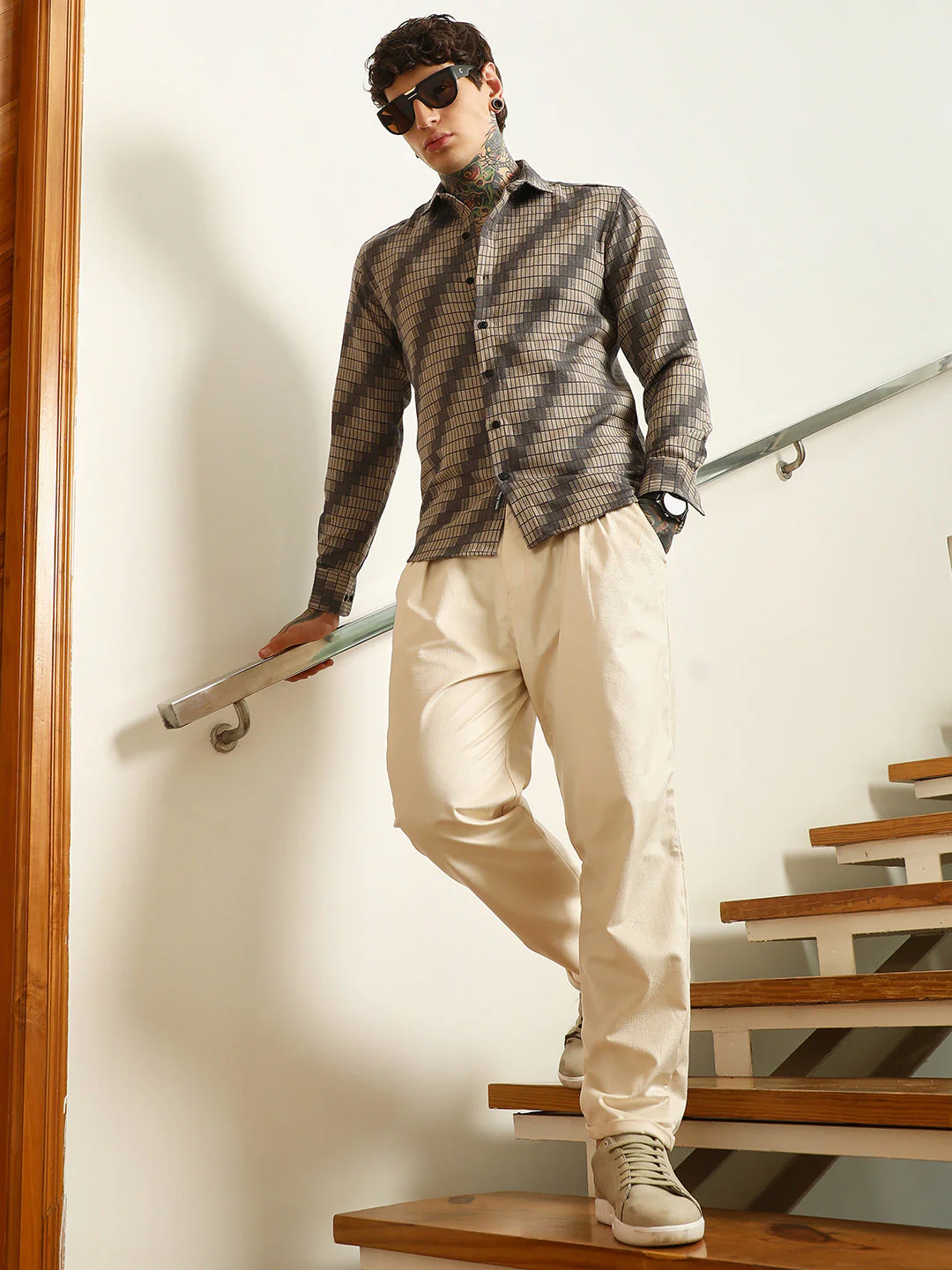 Diagonal Check Slim Fit Shirt - Cotton Polyester Blend - Image 6