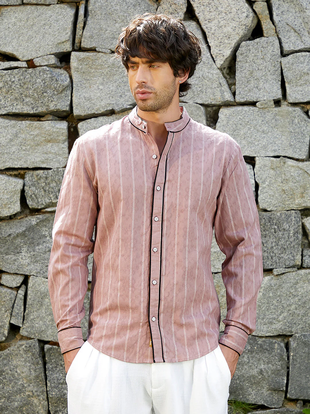 Striped-Jacquard Mandarin Shirt - Image 2