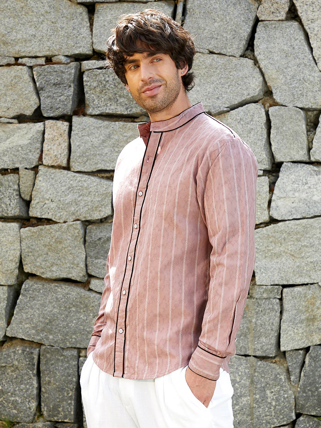 Striped-Jacquard Mandarin Shirt - Image 3