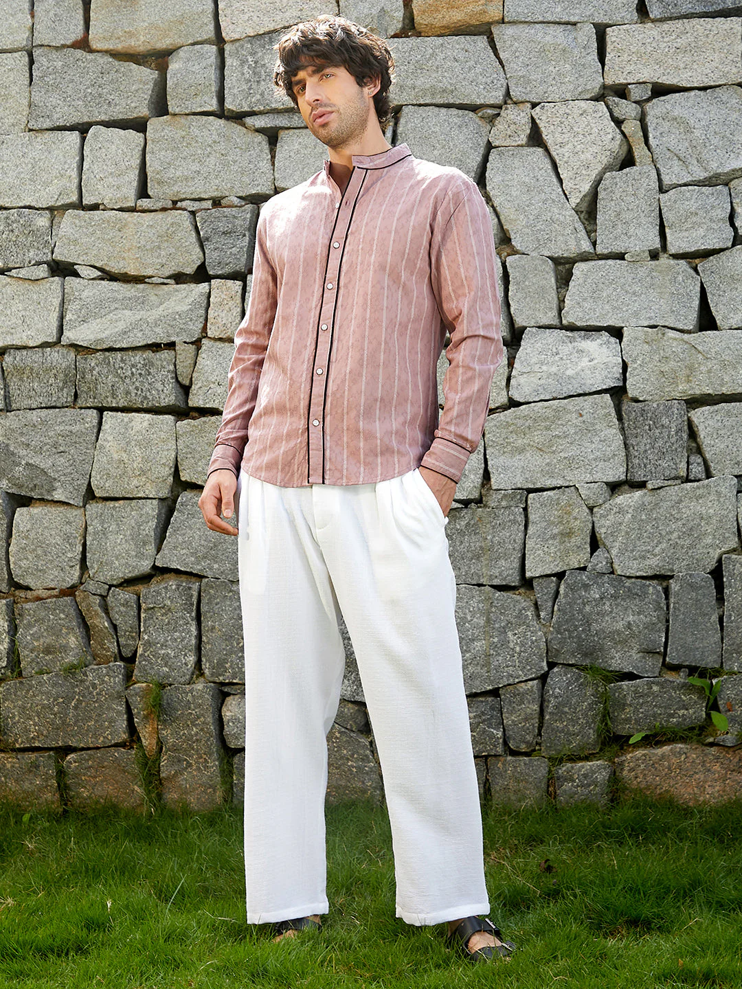 Striped-Jacquard Mandarin Shirt - Image 5