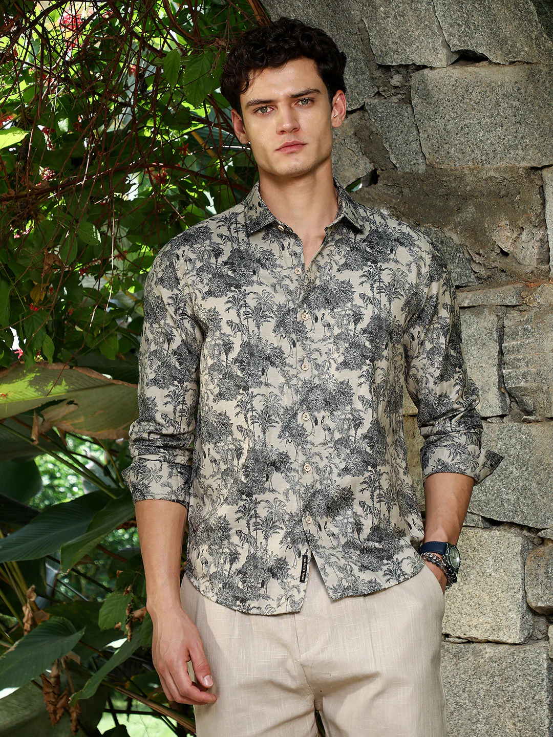 Ecru Beige & Charcoal Black Safari-Forest Jacquard Shirt - Image 2