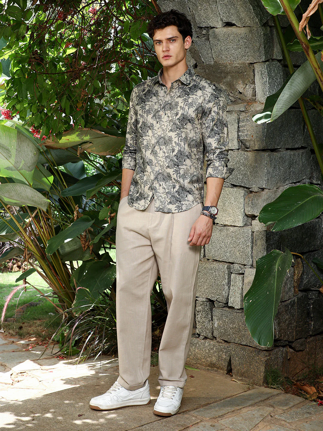 Ecru Beige & Charcoal Black Safari-Forest Jacquard Shirt - Image 5