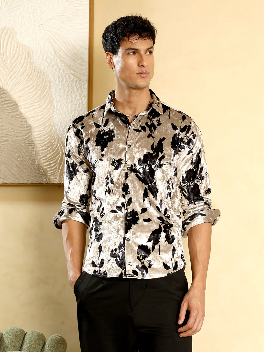 Contrast-Botanical Imprint Velvet Shirt - Image 3