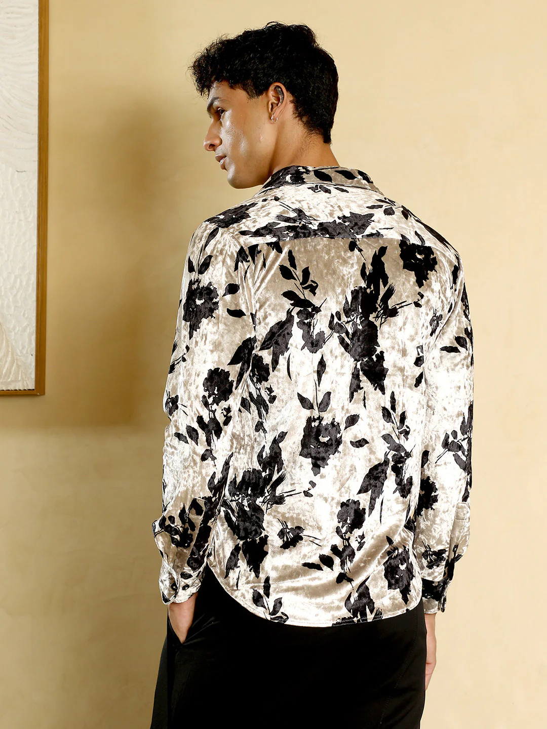 Contrast-Botanical Imprint Velvet Shirt - Image 4