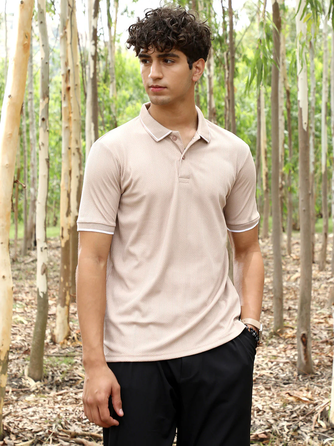 Ribbed-Vined Textured Polo T-Shirt - Image 2
