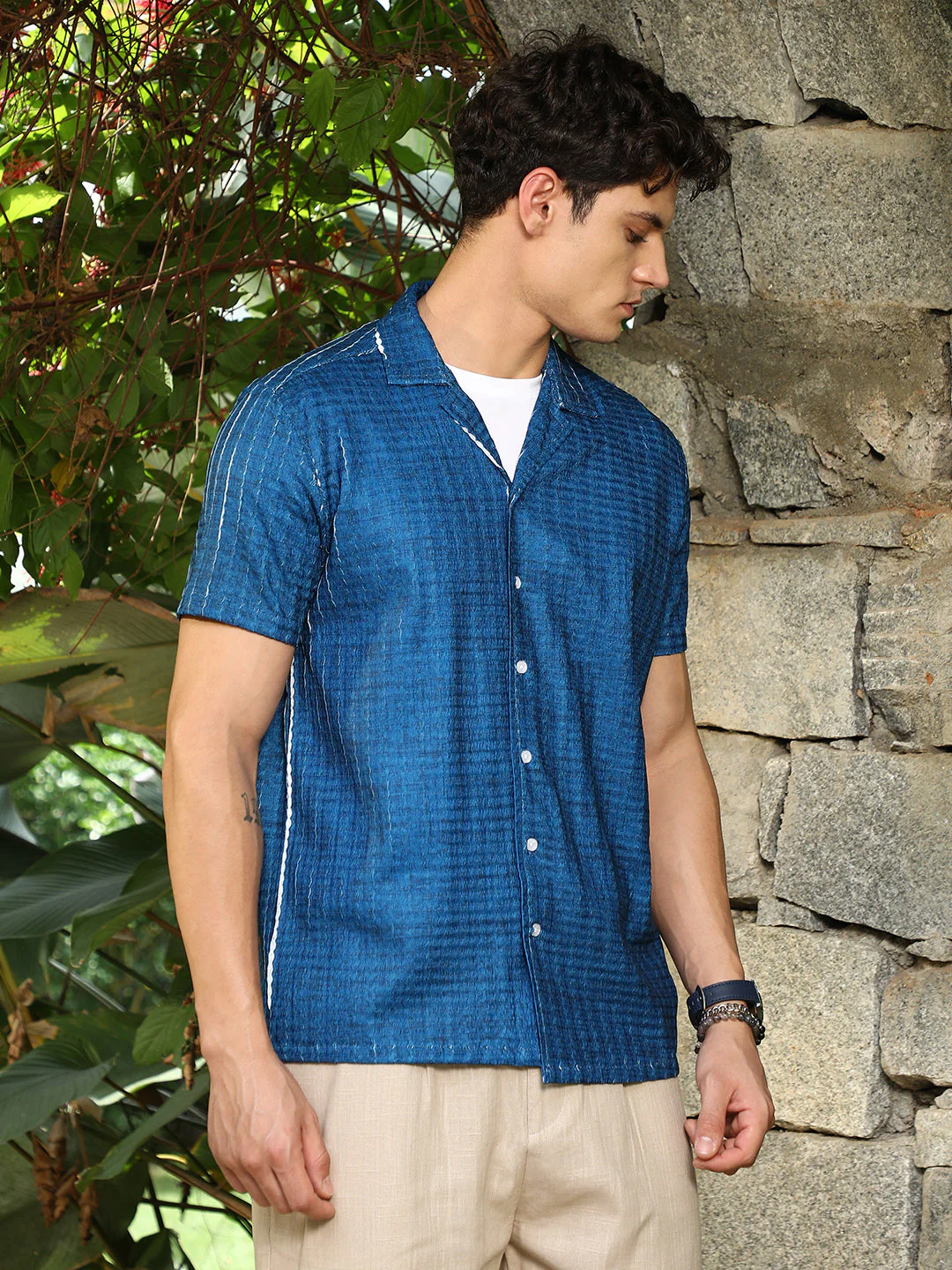Electric Blue Dye-Textured Cuban Oversized Shirt - Image 3