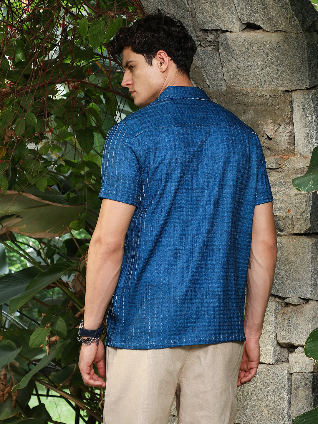 Electric Blue Dye-Textured Cuban Oversized Shirt - Image 4